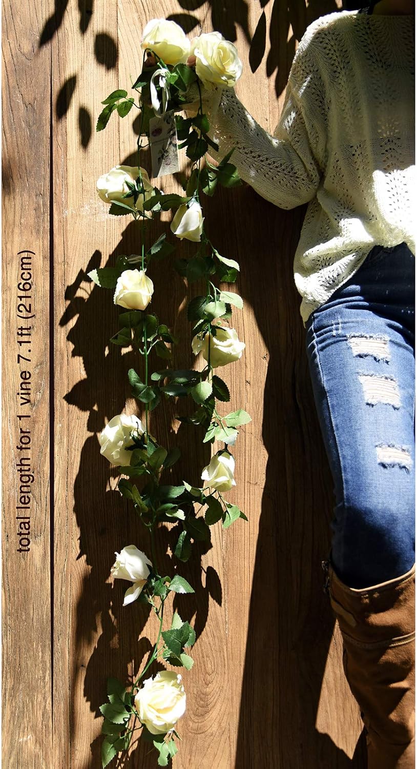 FiveSeasonStuff 29 Ft 4 Pack Rose Silk Flower Garland Artificial Flowers Decoration Hanging Floral Décor for Wedding Baby Shower Birthday Party Garden (Cream White)