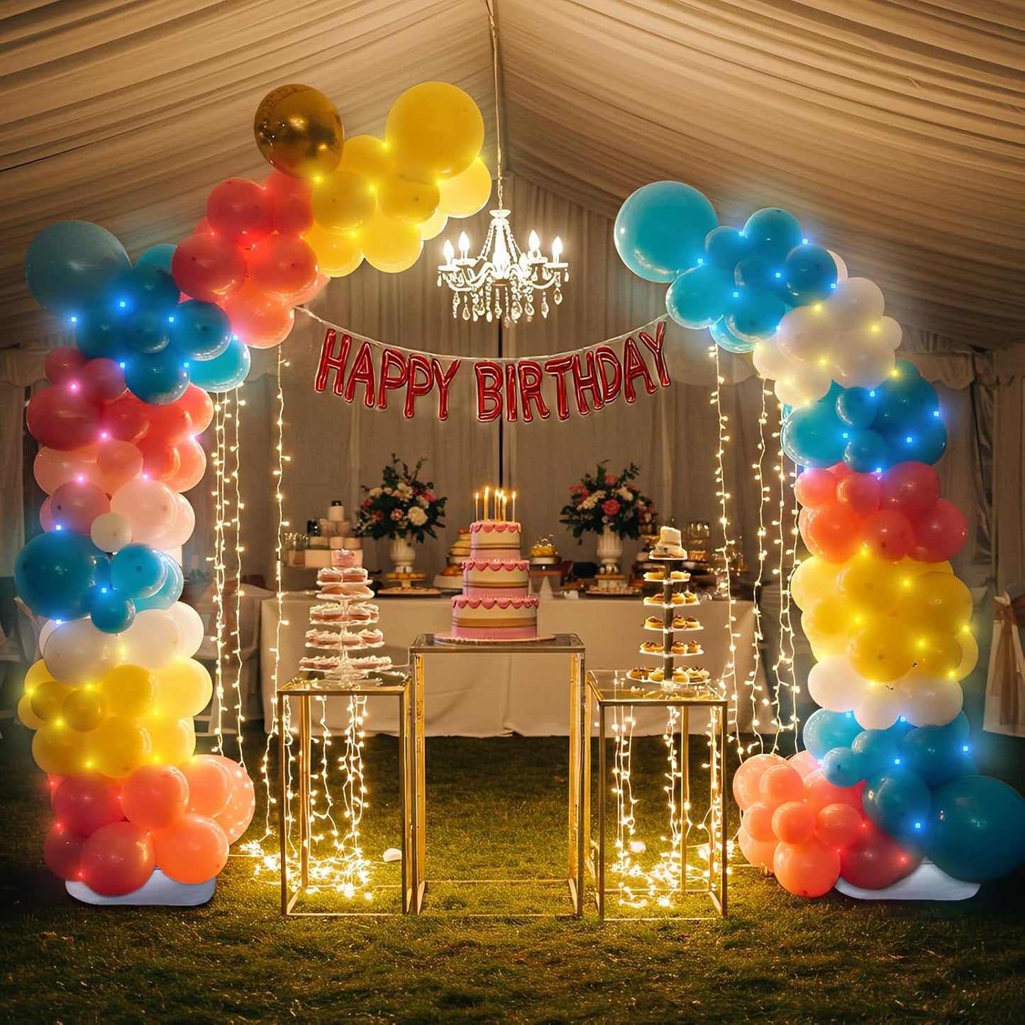 OurWarm Balloon Arch Kit with LED Lights, 9.35FT & 6FT Free Bending Half Balloon Arch Stand with Base, Gold Backdrop Stand for Wedding Birthday Party Baby Shower Yard Lawn Graduation Decorations