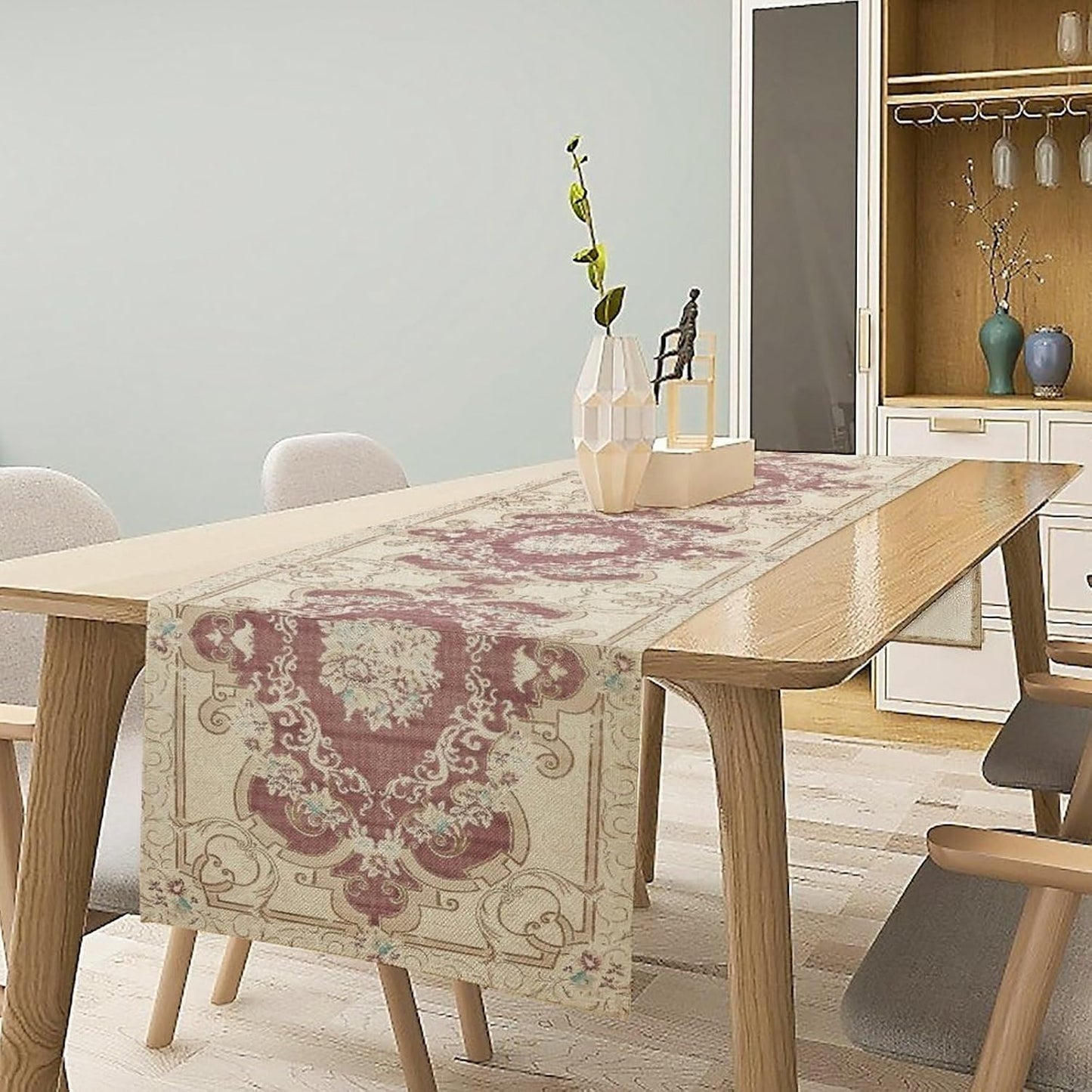 Boho Bohemia Table Runner, Vintage Blue Gold Retro Flower Rustic Country Floral Printed Pattern for Home Kitchen Table Decor Dining Coffee Room Garden Party Wedding Decor 13x90in