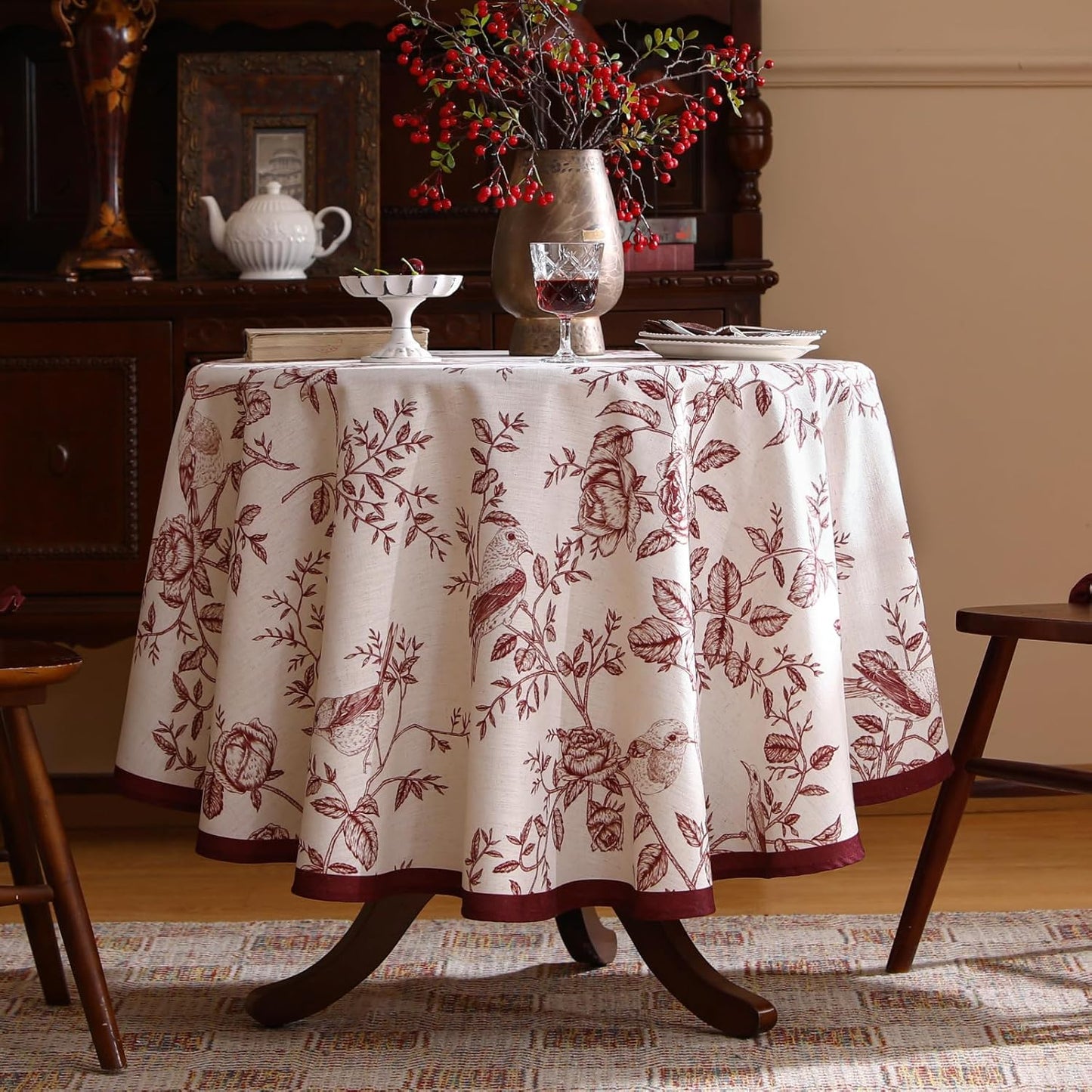 ISAENNE Designer Vintage Linen Round Tablecloth,Red Floral Pattern Linen Stain Resistant Table Cloth,Decor Tablecloths for Dining Thanksgiving Kitchen Christmas,Diameter 67"-Harmony