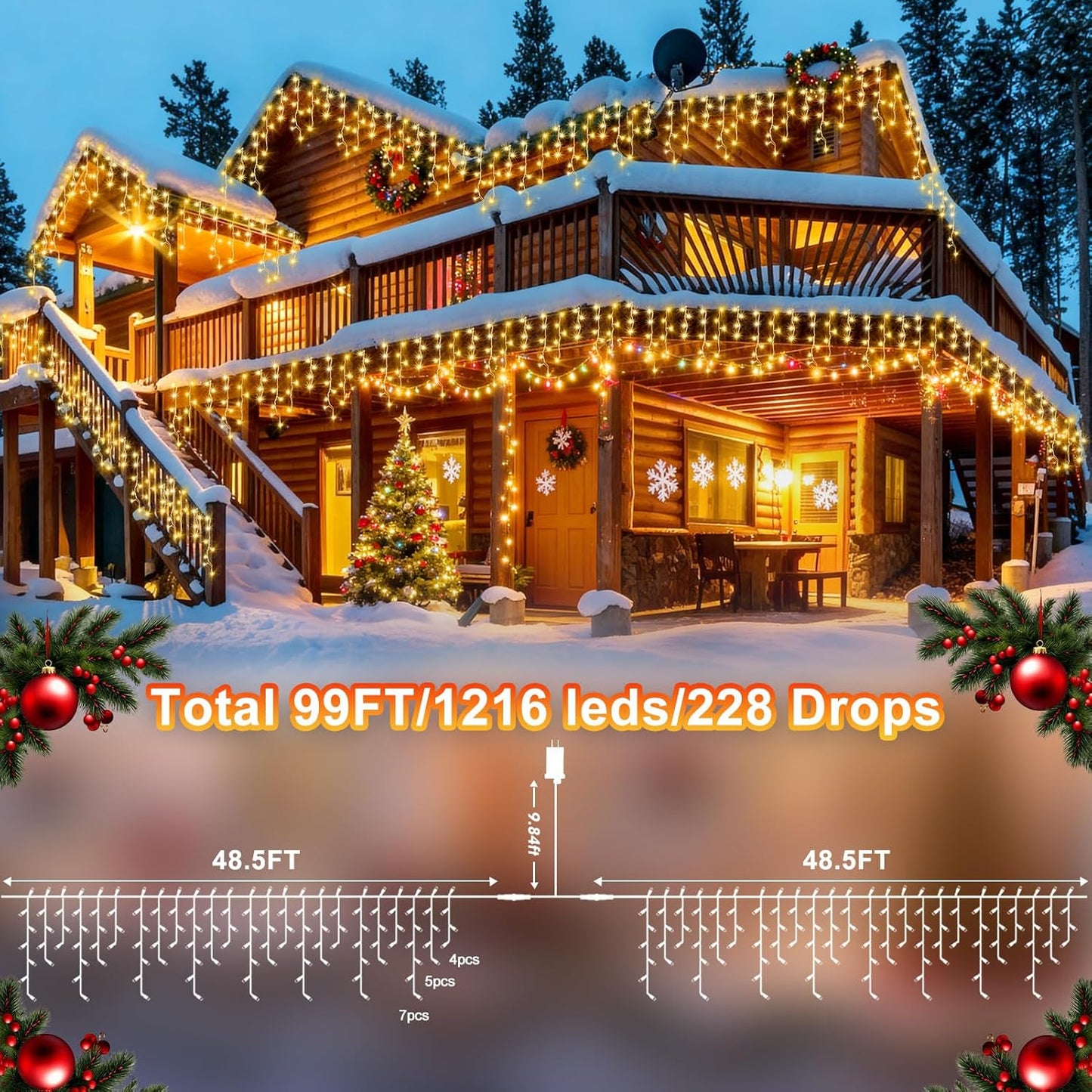 KNONEW 99ft 1216 LED Christmas Lights Outdoor Decorations with 228 Drops, 8 Modes Curtain Fairy String Light, Clear Wire LED String Light Indoor Decor for Wedding Party Christmas