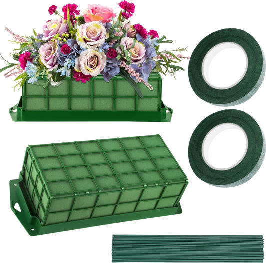 Aodaer 2 Pieces Floral Foam Cage with Floral Foam for Fresh and Artificial Flowers Rectangle Dry and Wet Flower Cage Bowl Holder for Wedding, Home and Garden Arrangement Decorations