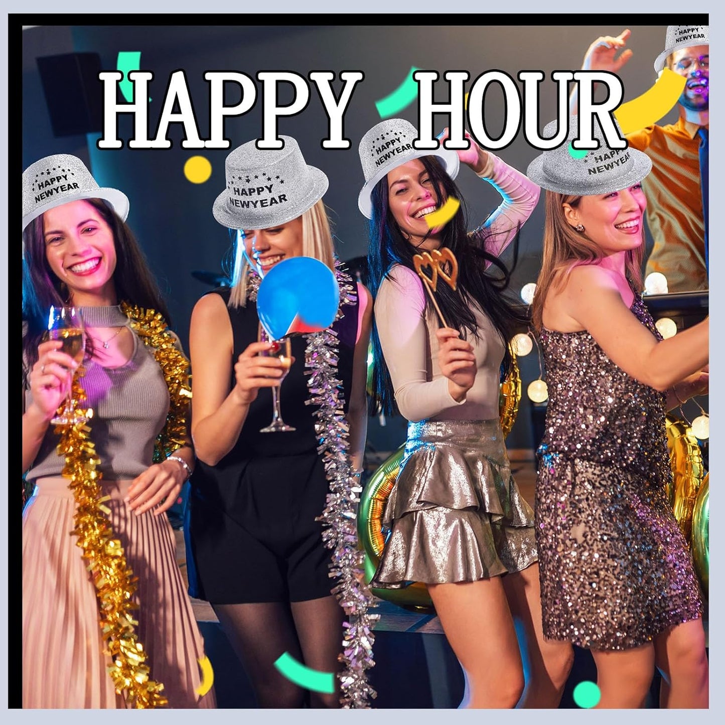 Hillban 12 Pcs Top Hats Halloween Glitter Plastic Retro Disco Party Hats for Halloween Magician Birthday Wedding Carnivals(Silver with Letter,Novel)