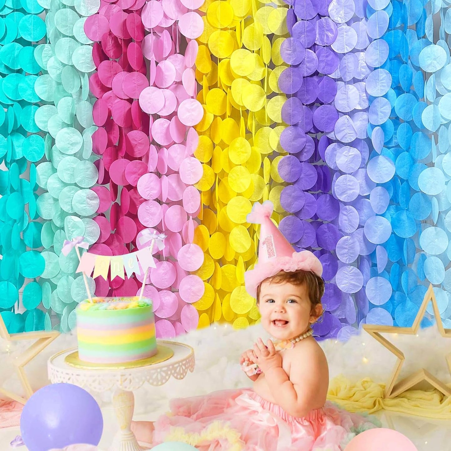 256Ft Pastel Party Decorations Big Circle Dot Backdrop Streamer Pastel Tissue Paper Polka Dots Hanging Curtain Garland for Birthday Wedding Bachelorette Engagement Baby Shower Macaron Party Supplies