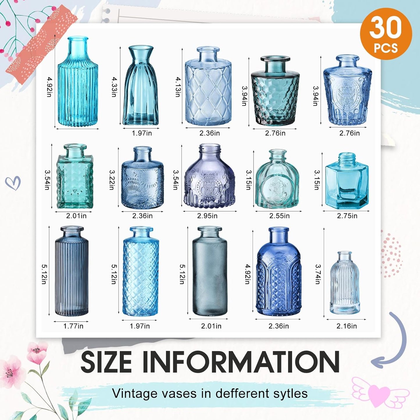 Yaomiao 30 Pcs Vases Bulk Colored Flower Glass Vases Bud Vintage Colored Glass Bottles Colorful Rustic Embossed for Home Wedding Table Decorations Gifts(Blue Series)