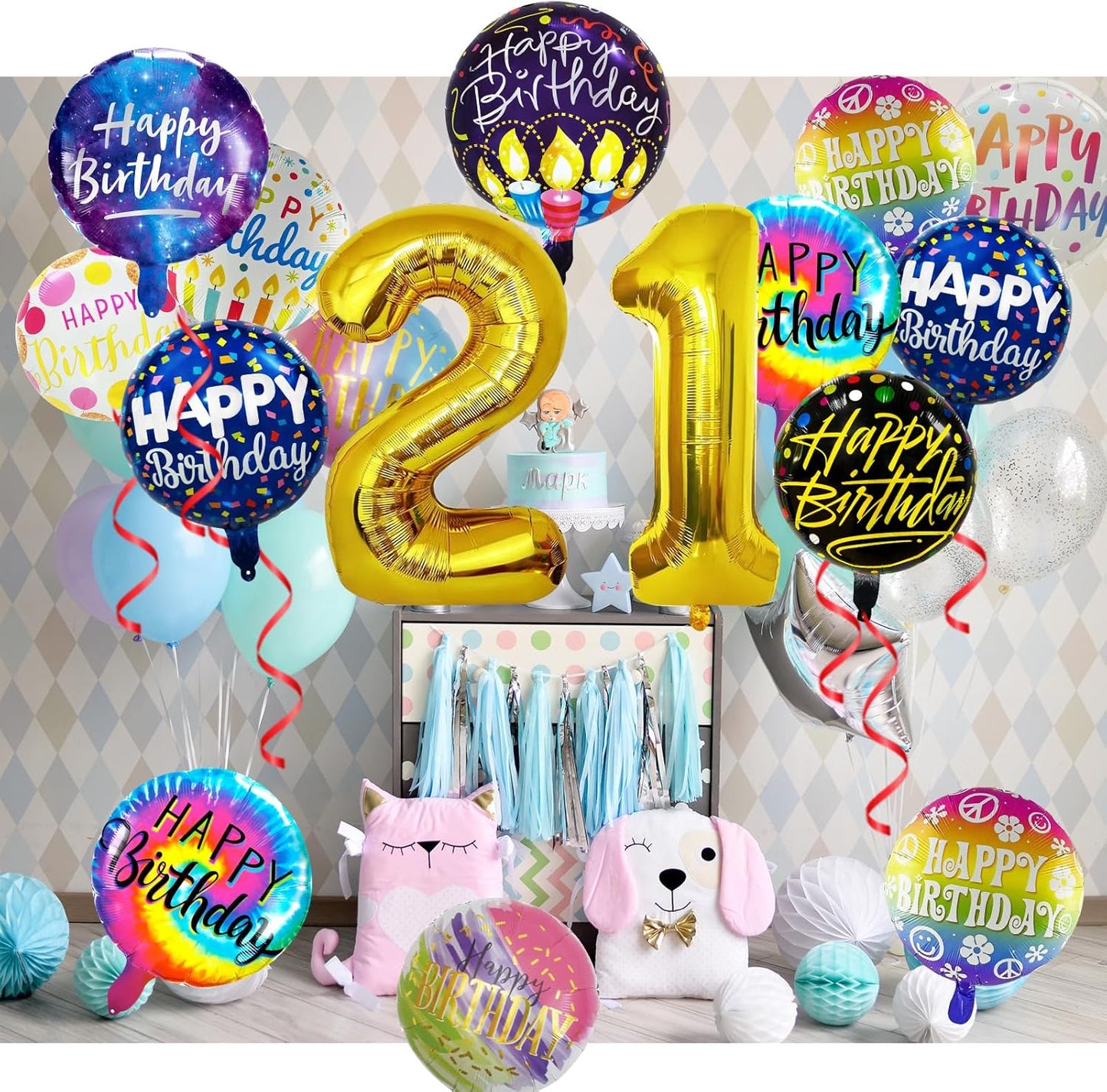 50 Pcs Happy Birthday Party Aluminum Foil Balloons and 21th Birthday Balloons, 18 Inch Round Aluminum Foil Balloon with" Happy Birthday" Sign, Birthday Party Decorations for Boys/Girls (Yellow, 21)