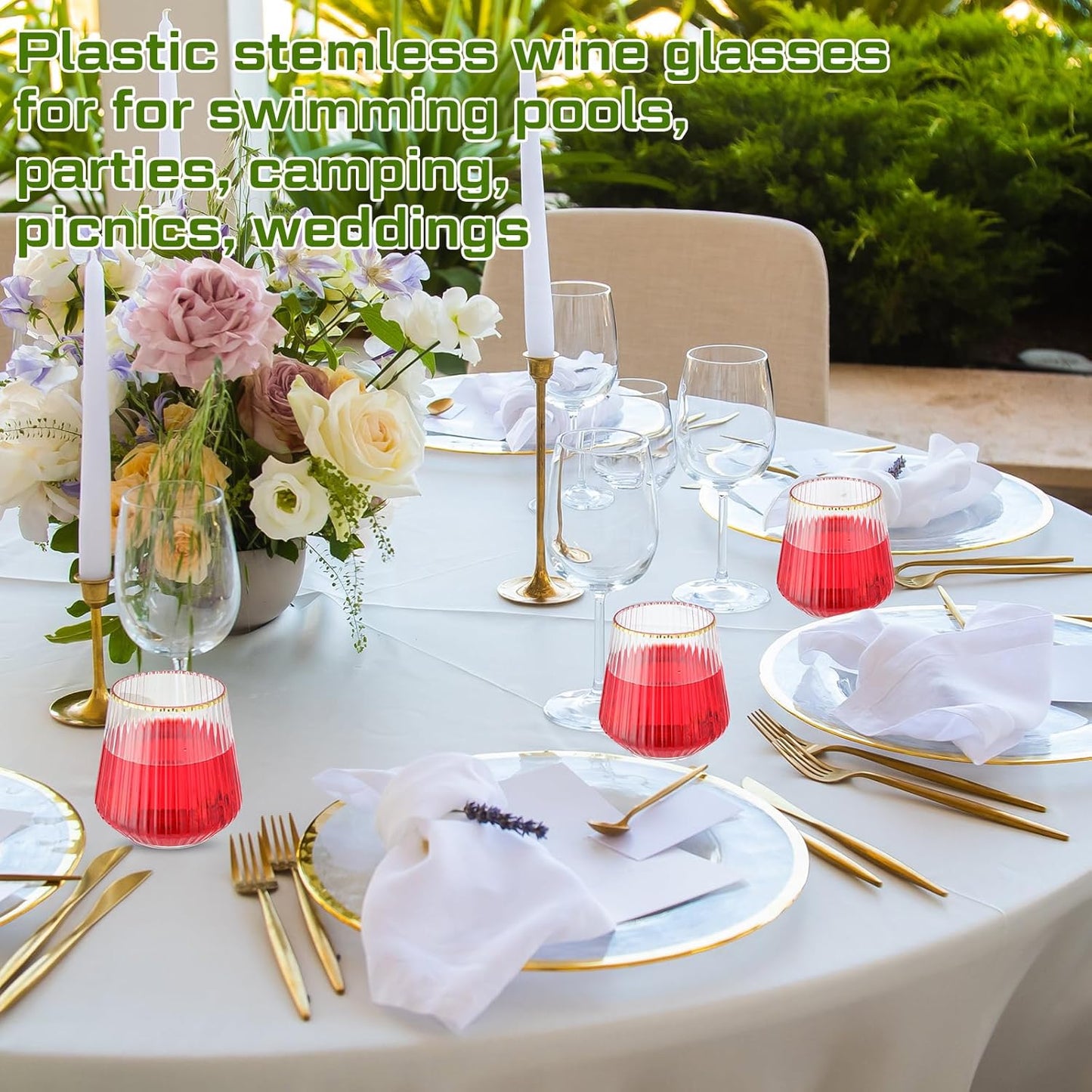 Suclain Plastic Wine Glasses Ribbed Stemless Wine Glasses 14oz Vertical Design Unbreakable Cups for Outdoor Indoor Vintage Elegant Champagne Whiskey Cups for Party Wedding(Clear, Gold,50 Pcs)