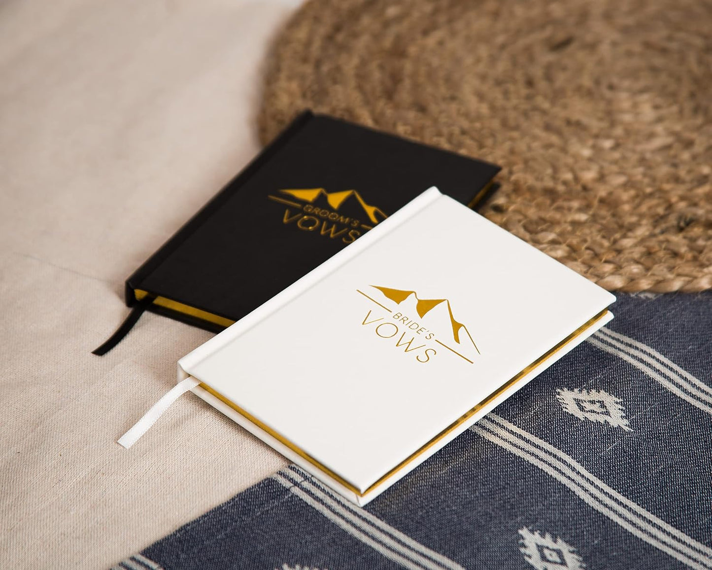 Groom's and Bride's Vows Wedding Vow Books (Set of 2) - Black & White Pocket Sized Gold Foil Embossed Mountain Design Wedding Ceremony Vow Renewal Speech Notebook Planner Gift for Newly Engaged Couple