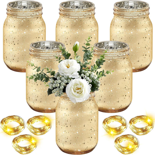 Layhit 6 Pcs Painted Mason Jars Colored Painted Mason Jars Centerpiece for Table with 6 Pcs 9.84 ft 30 LED Operated Fairy Lights for Wedding(Gold)