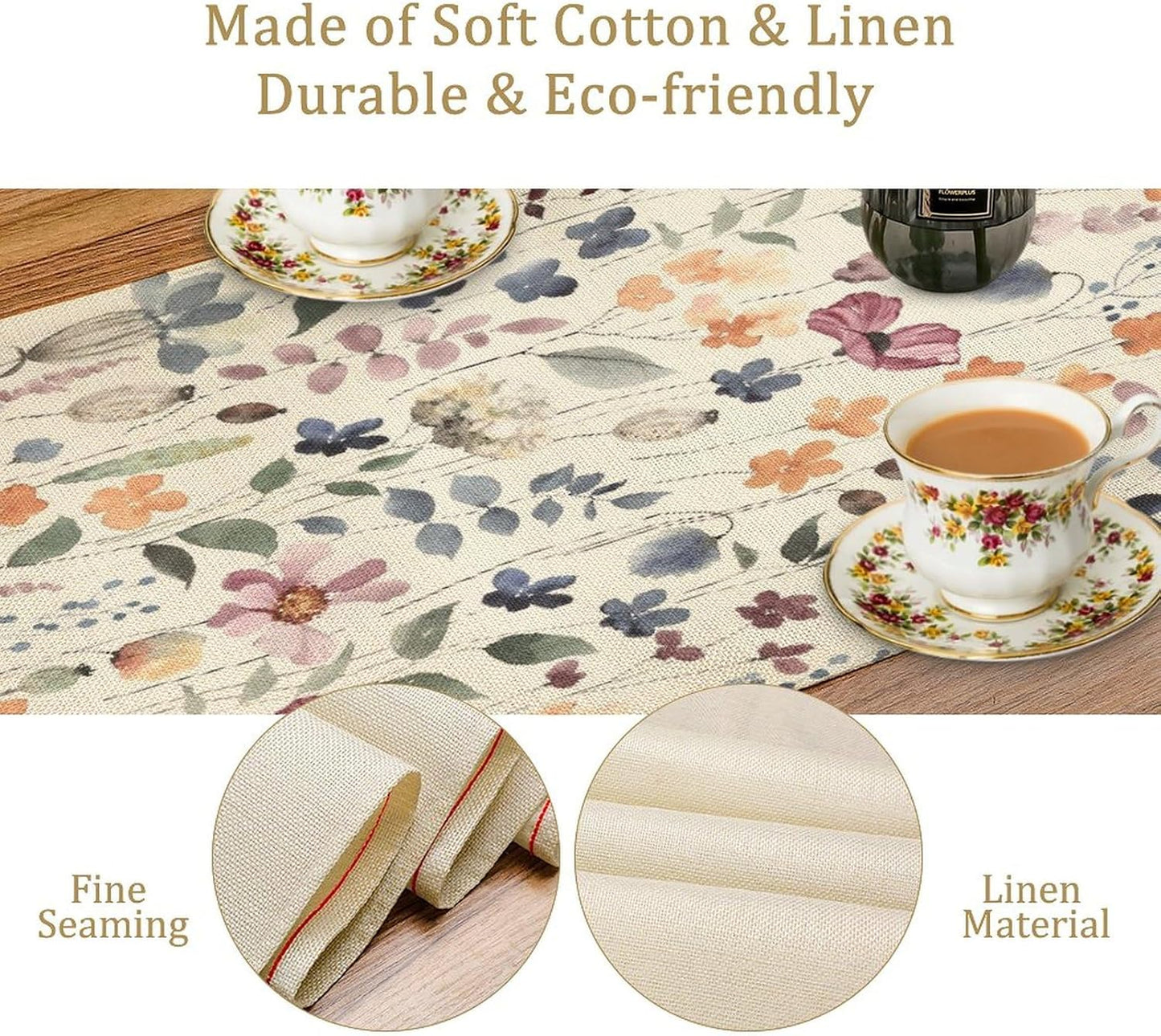 Watercolor Floral Table Runner, Vintage Colorful Floral Natural Style Pattern Decorative Home Restaurant Kitchen Rectangle Table Runner,13in（33cm） W * 108in（274cm） L