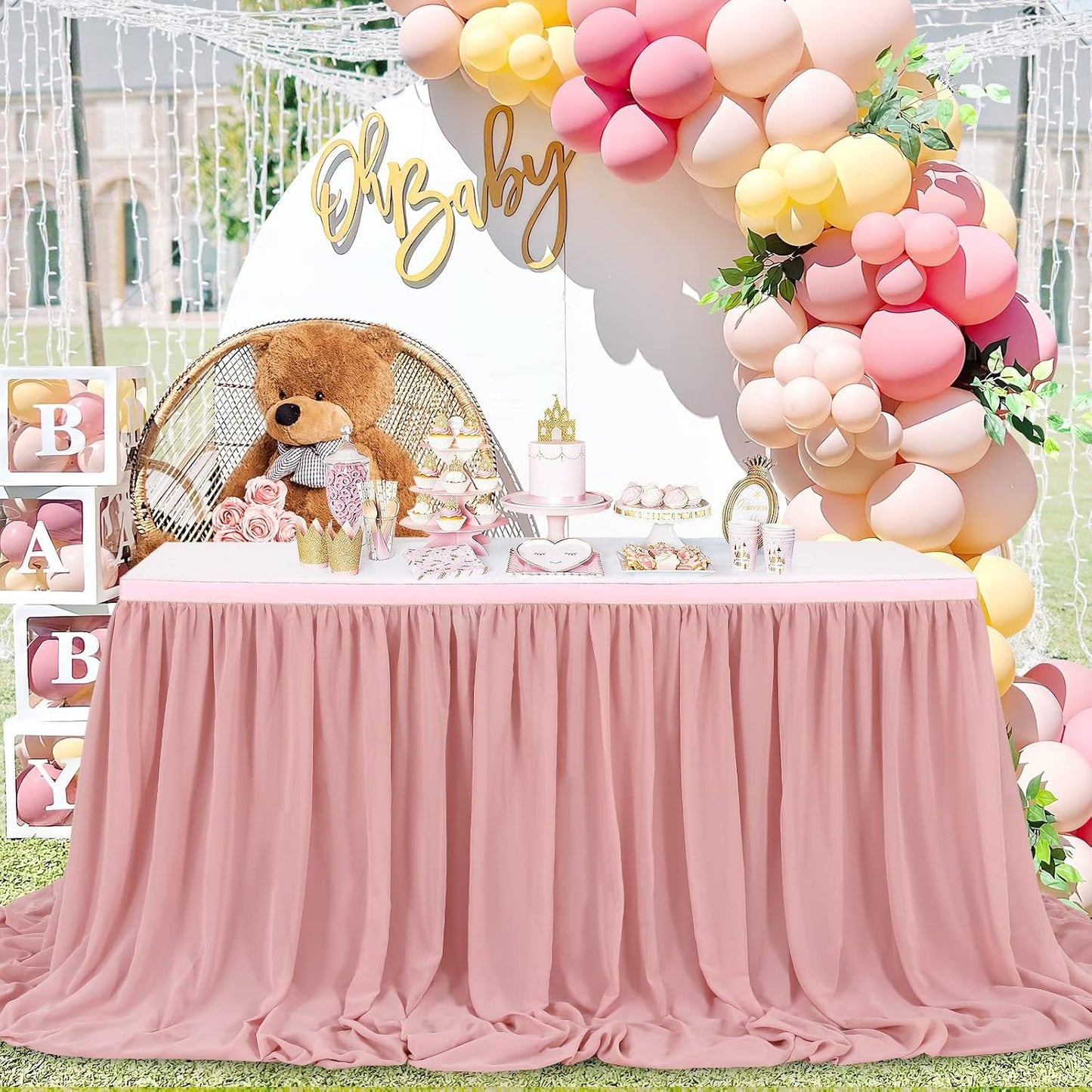 Dusty Rose 6ft Table Skirt for Rectangle Tables or Round Tables Sheer Tablecloth for Baby Girl Birthday Princess Party Wedding Table Decor