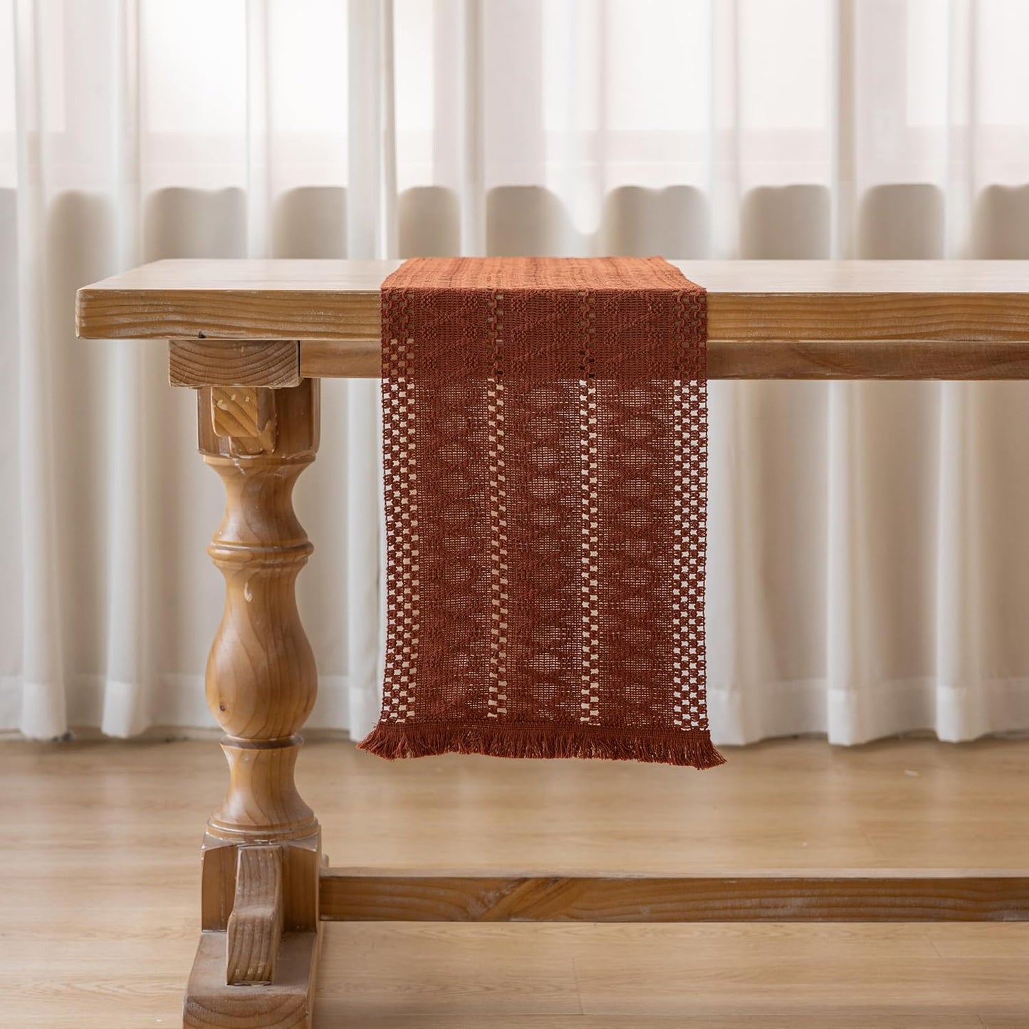 Boho Rust Table Runner for Home Decor 12x72 Inches Farmhouse Macrame Burlap Jute Rustic Dining Kitchen Centerpiece Bohemian Decor French Country Baby Bridal Shower Decorations