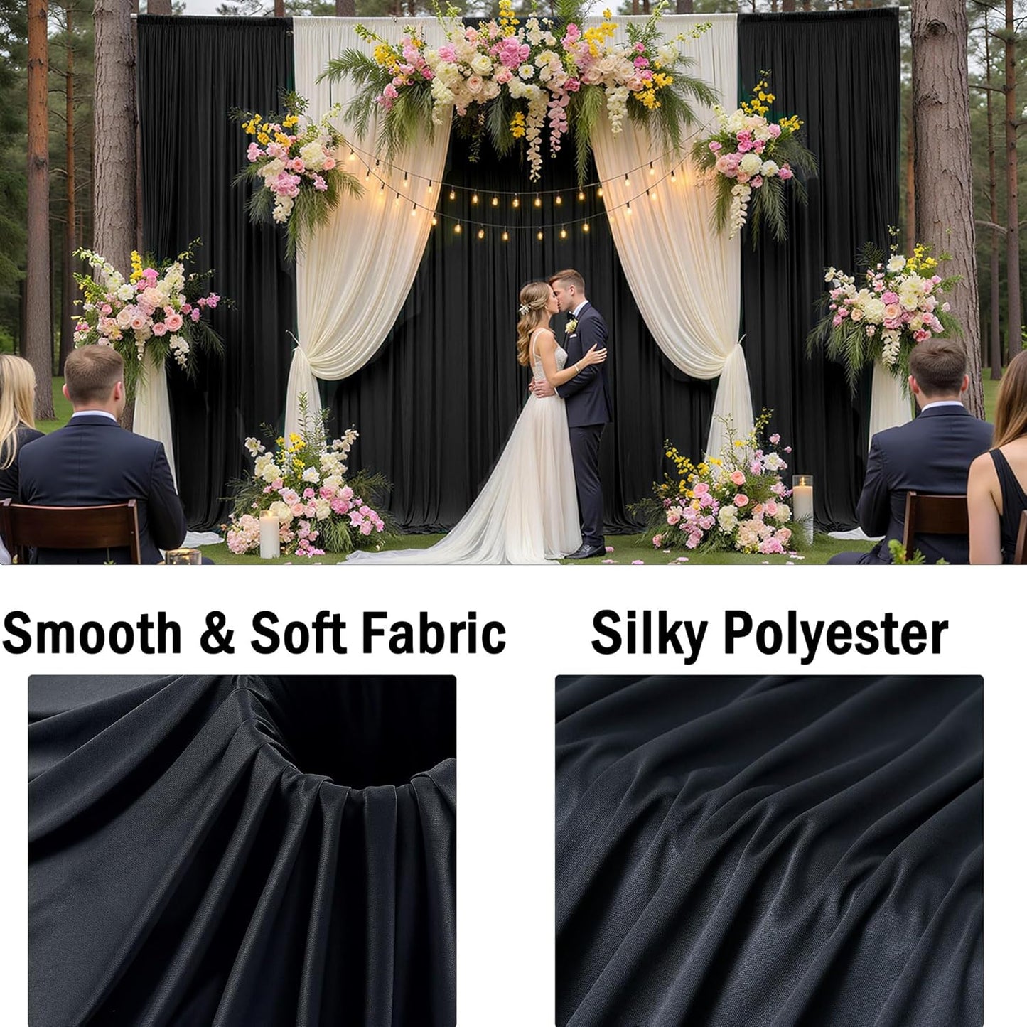 50ftx10ft Wrinkle Free Black Backdrop Curtain for Parties, 10 Panels 5x10ft Silky Photo Backdrop Drapes Back Drop Cloth for Wedding Birthday Photography Background Photoshoot Decor