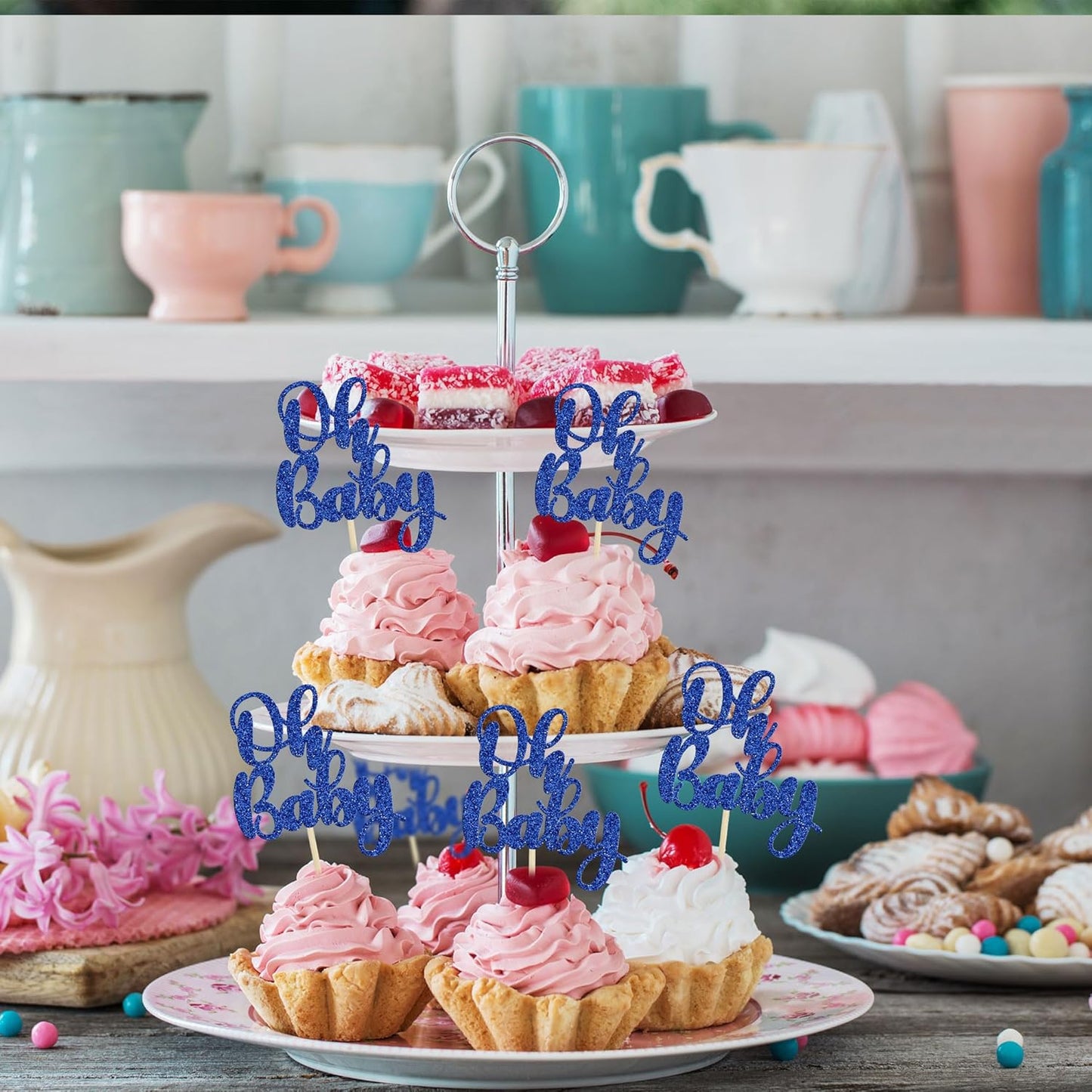 Gyufise 36Pcs Oh Baby Cupcake Toppers Glitter Baby Shower Oh Baby Cupcake Picks for Gender Reveal Baby Shower Kids Boys Girls Birthday Party Cake Decorations Supplies Dark Blue