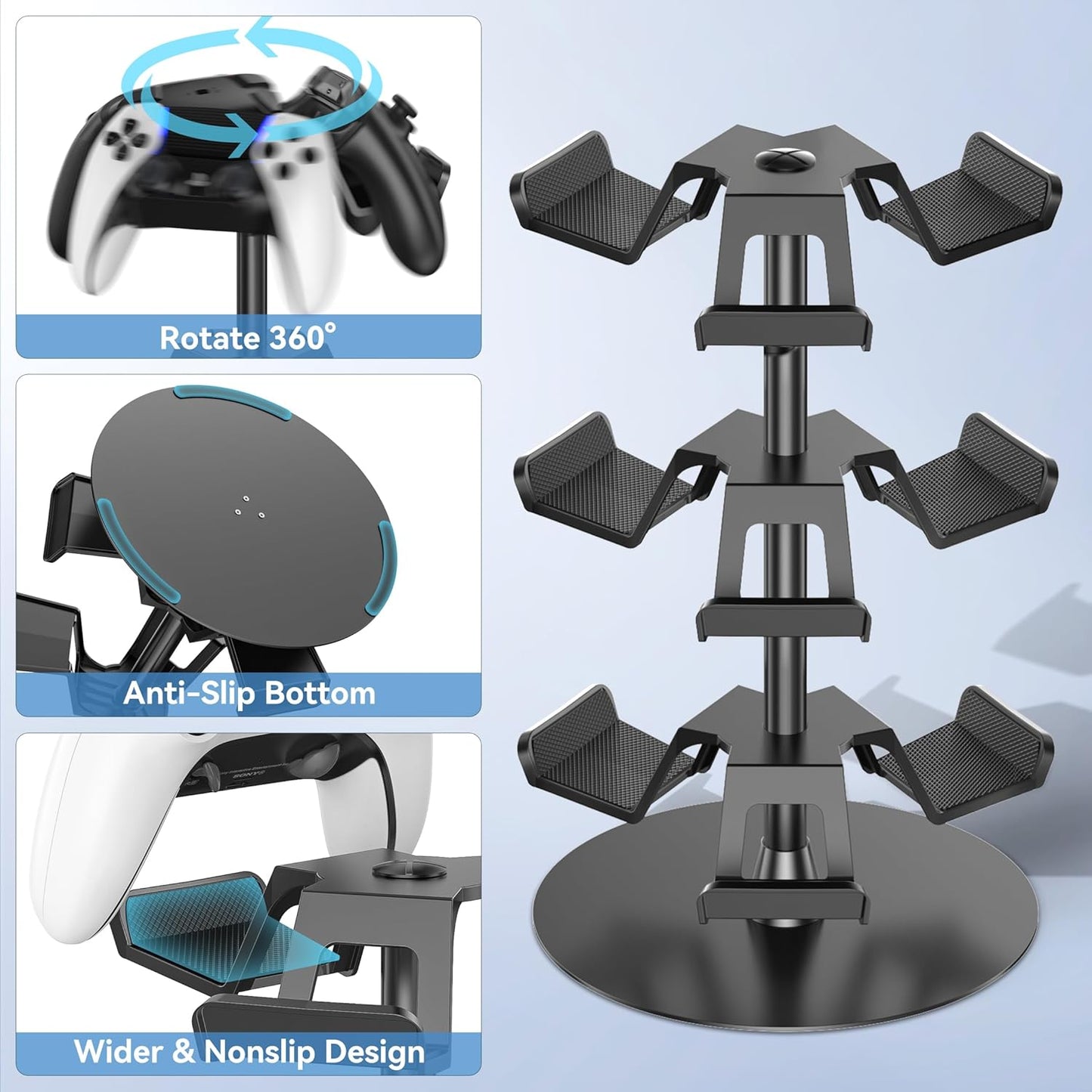 Headset Stand 3 Tiers for Desk, Rotatable Gaming Controller Stand for PS5/PS4/Xbox/Switch2/PS Portal/Phone, Universal PC Gamer Gift Accessory Controller/Headphone Holder for 9 Packs Controller