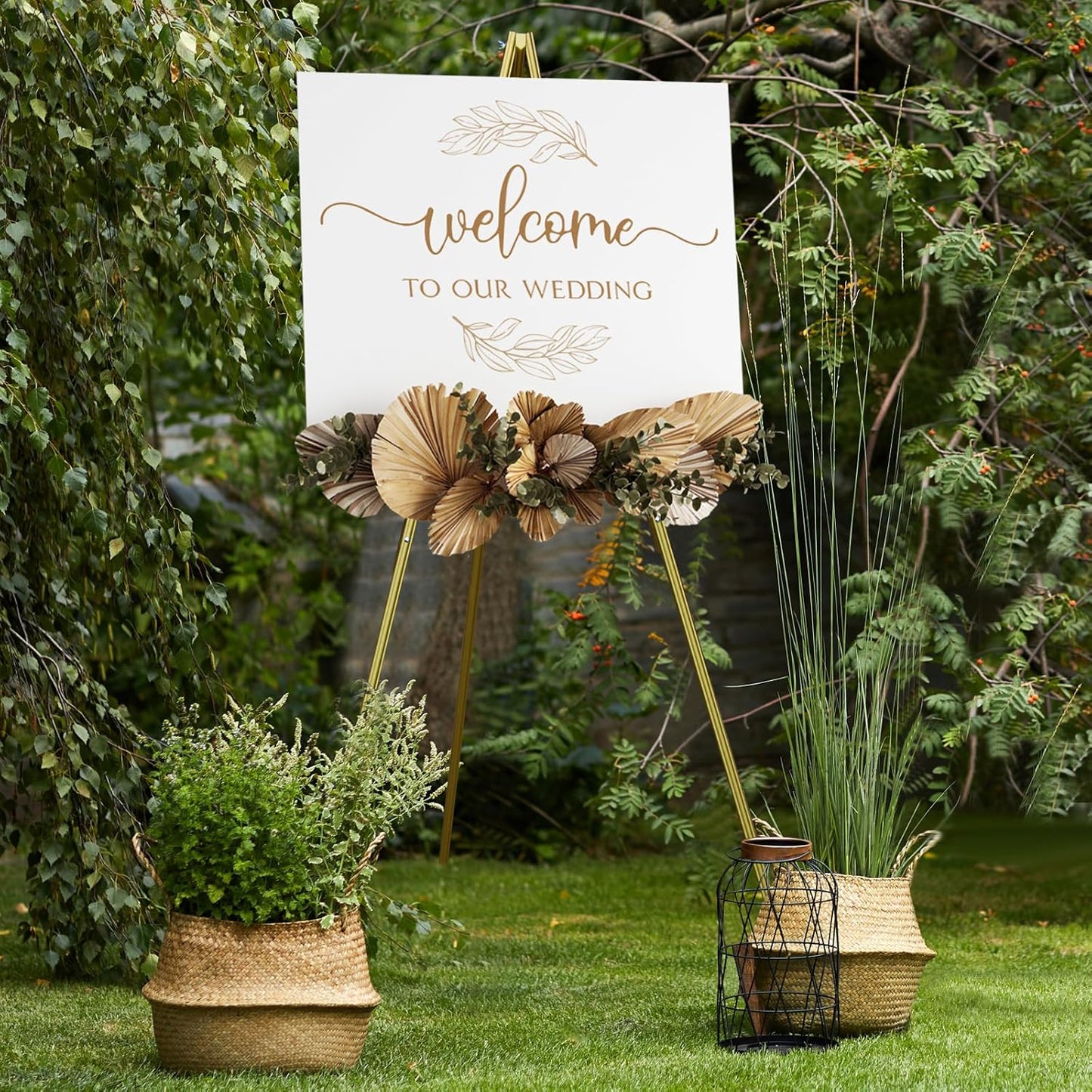 nianfeng Wooden Easel Stand for Sign, Easel Display Stand Floor for Wedding Sign With Adjustable Tray, 63-Inch, Tripod A-Frame Poster Light Duty, Welcome, Art Show & Baby Shower (Golden)