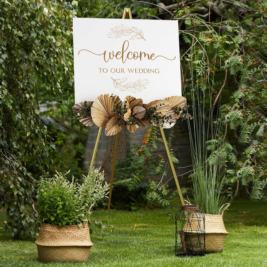 nianfeng Wooden Easel Stand for Sign, Easel Display Stand Floor for Wedding Sign With Adjustable Tray, 63-Inch, Tripod A-Frame Poster Light Duty, Welcome, Art Show & Baby Shower (Golden)