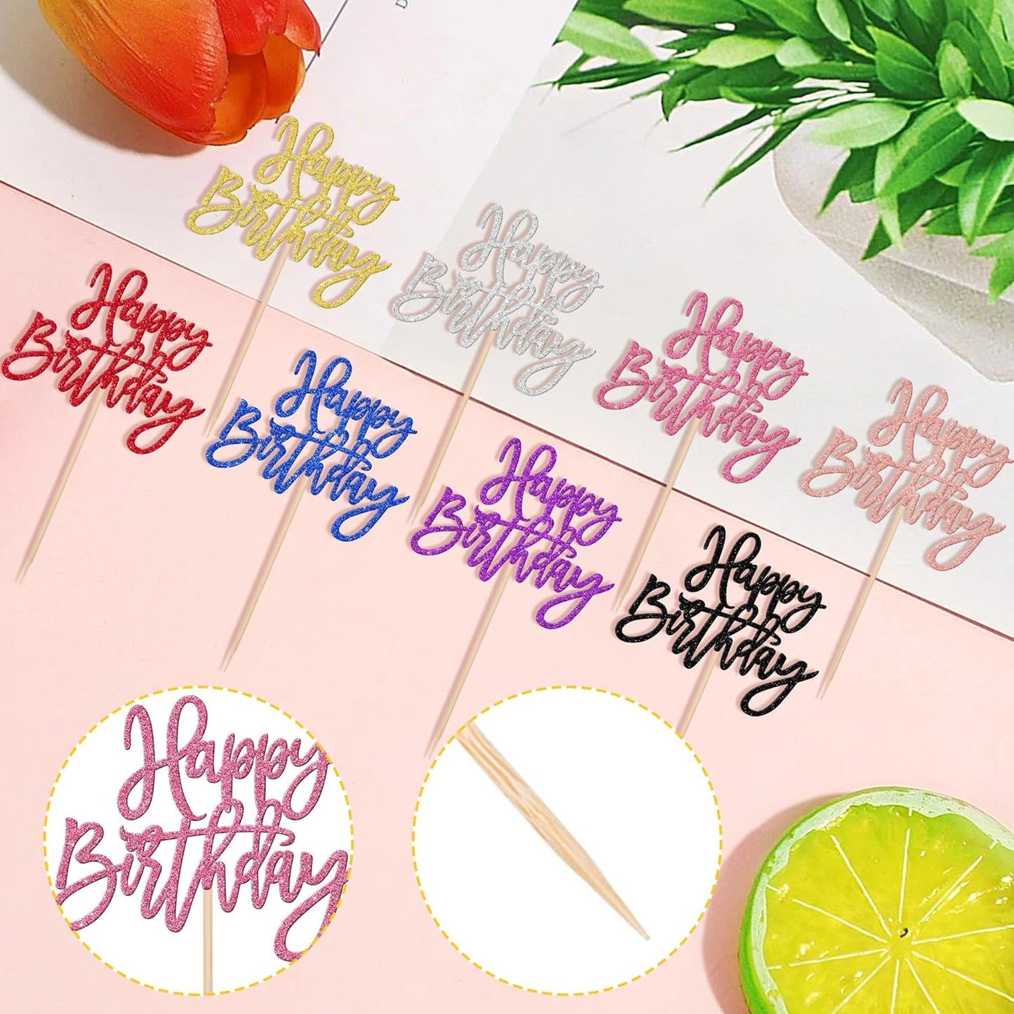24 PCS Happy Birthday Cupcake Toppers Glitter Picks for Celebrating Party Decorations Anniversary Theme Cake Supplies Multi
