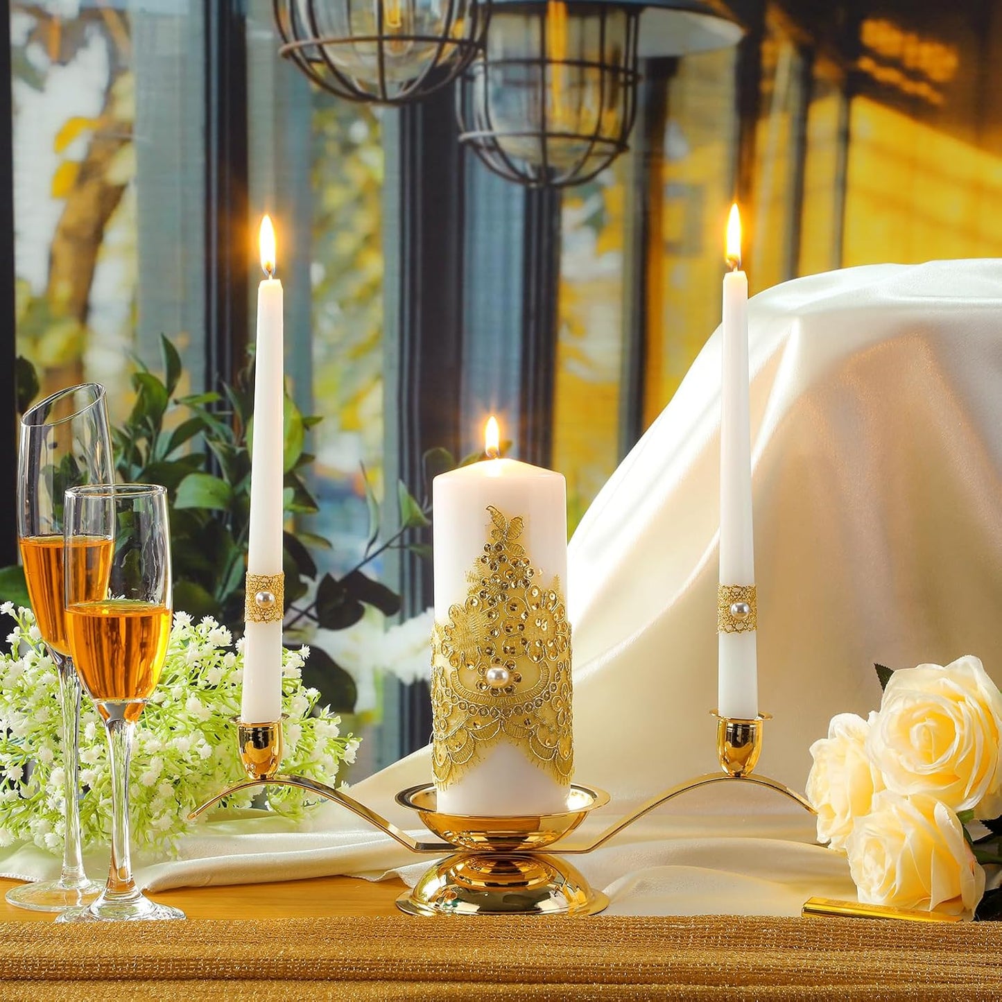 Irenare Unity Candles with Holder for Wedding Ceremony Wedding Decortions Accessories Glass Candle Holder Pillar Candle for Formal Events Church(Gold Wedding)
