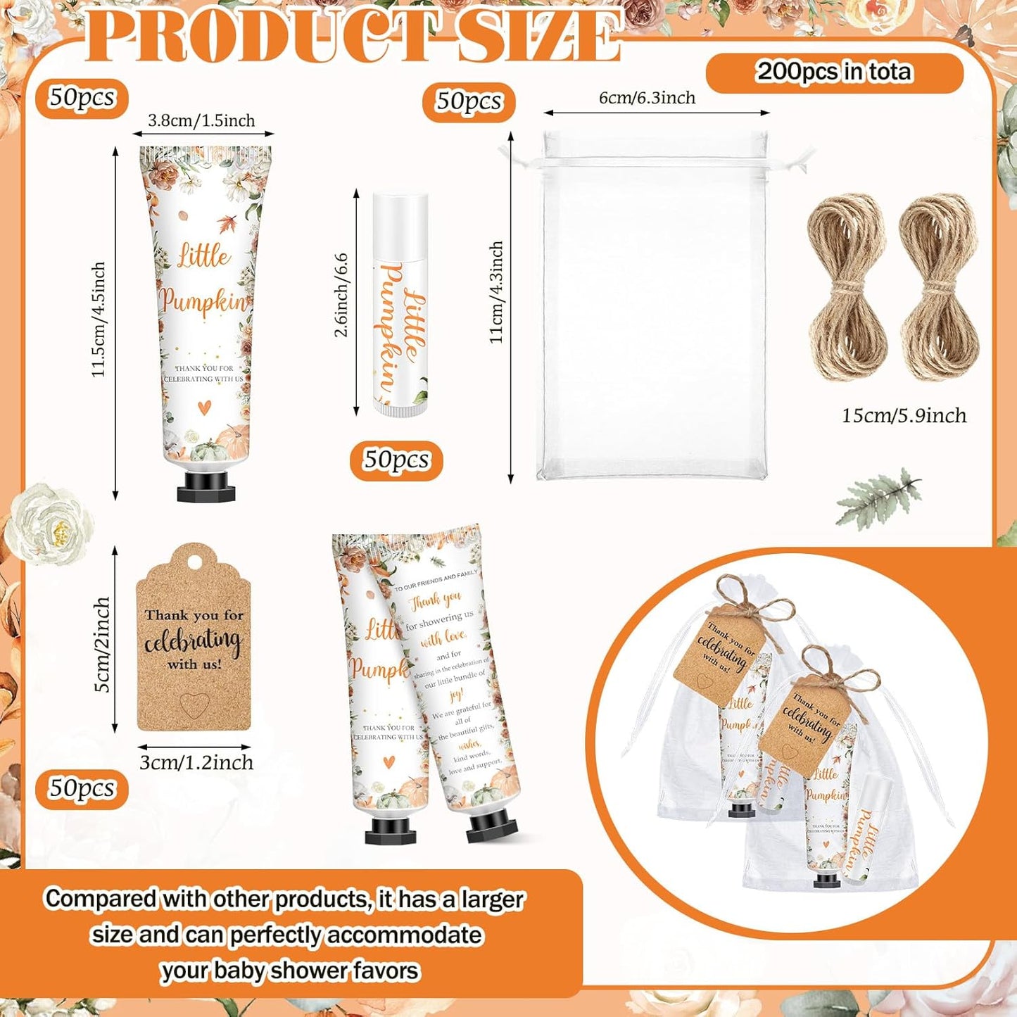 50 Sets 200 Pcs Baby Shower Hand Lotion and Lip Balm Gift Theme Baby Shower Party Favors Travel Size Hand Lotion and Lip Balm Bulk with Organza Bags Tags (Little Pumpkin)