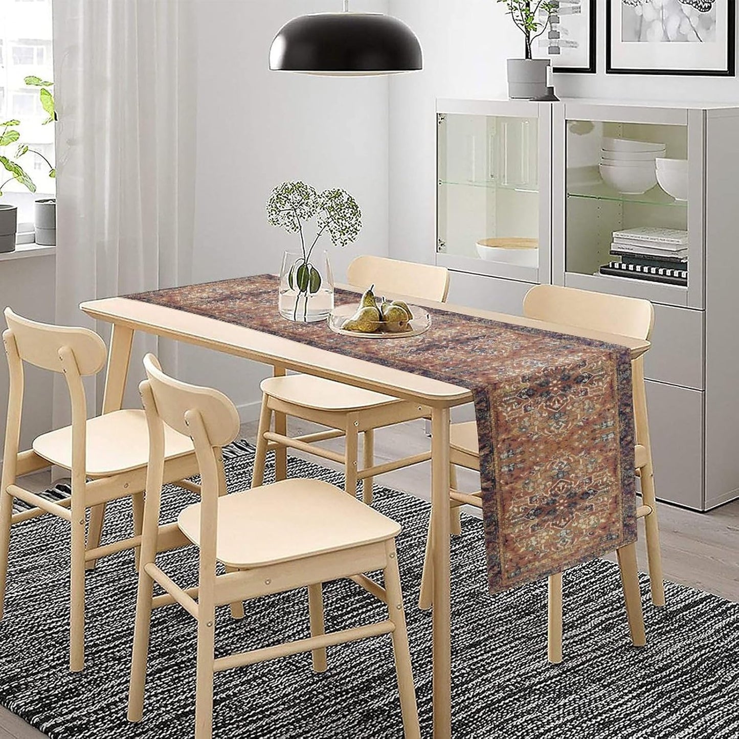 Boho Floral Vintage Table Runner, Purple Brown Retro Flower Rustic Country Farmhouse Abstract Pattern for Home Kitchen Table Decor Dining Coffee Room Party Decor 13x72in