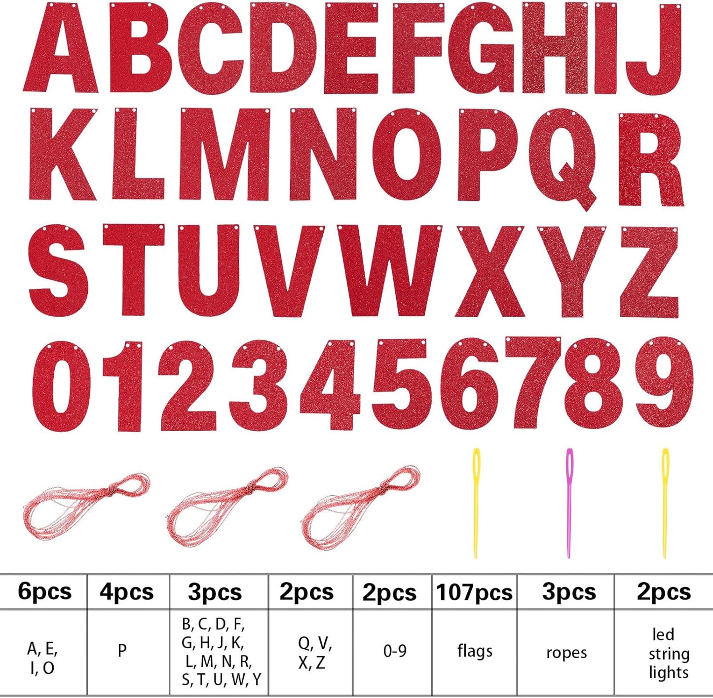 TaoBary 112 Pcs DIY Letter Custom Banner Glitter Customizable Banner Kit Including 107 Letters and Numbers 3 Rope for Valentine Birthday Party(Red)