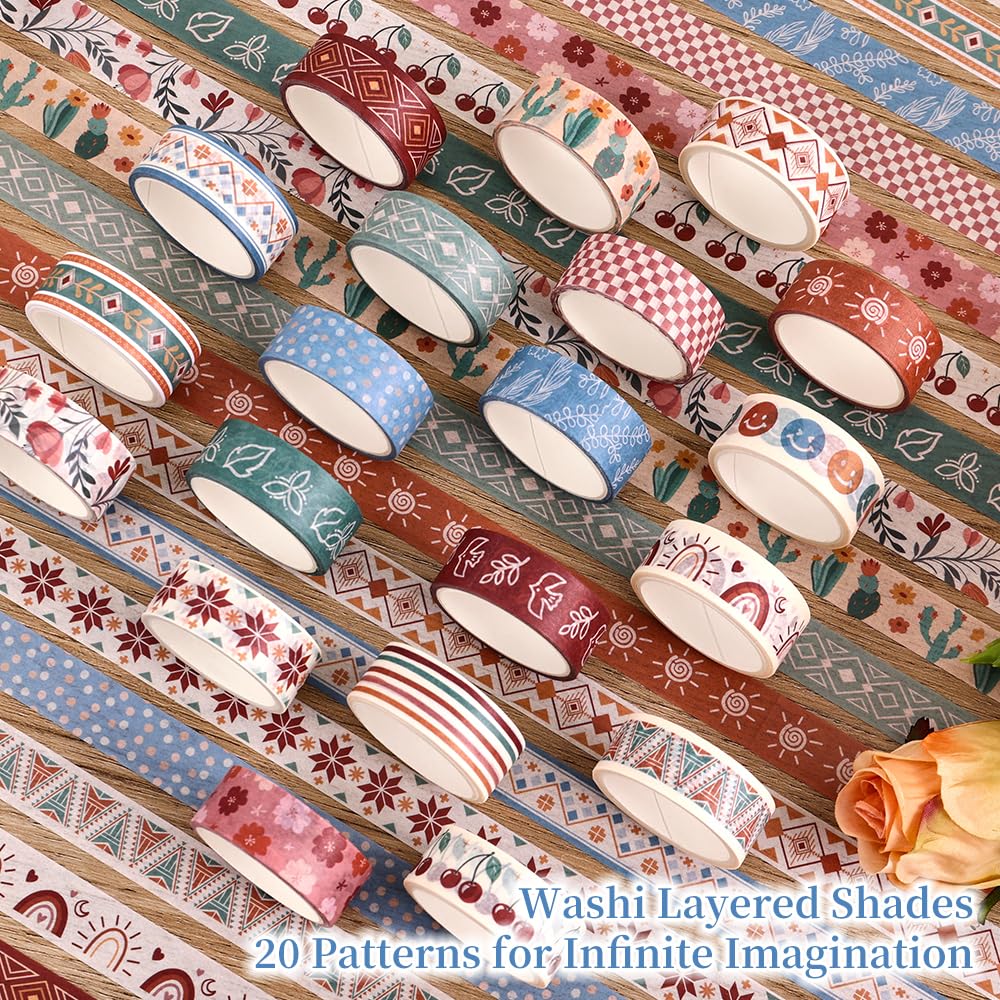 20 Rolls Bohemia Theme Washi Tape Set,Writable Decorative Tapes for Scrapbooking, Bible Journaling, Bullet Journaling, 0.6"x79" per Roll