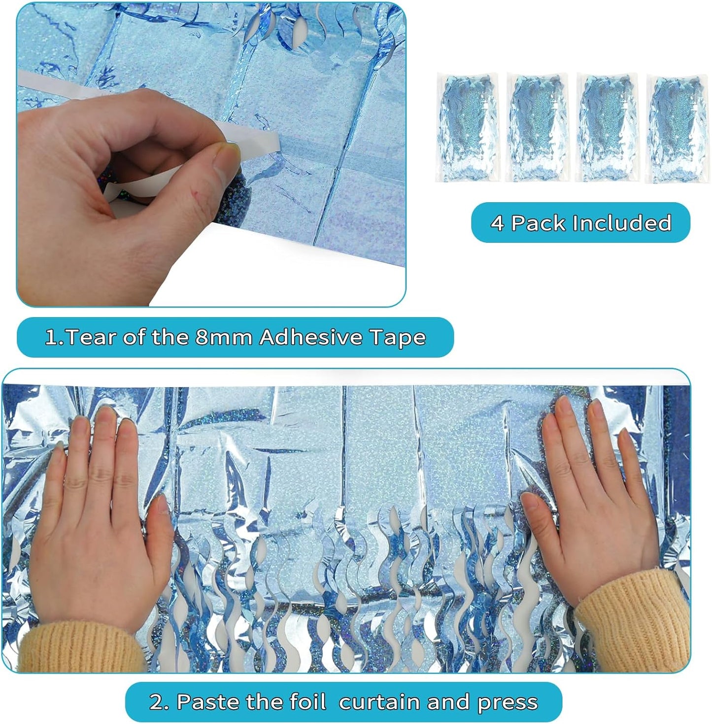 4 Pack Wavy Blue Tinsel Backdrop Streamers Party Decorations 3.3x6.6 Feet | Foil Fringe Curtain Ocean Themed | Blue Birthday Decorations