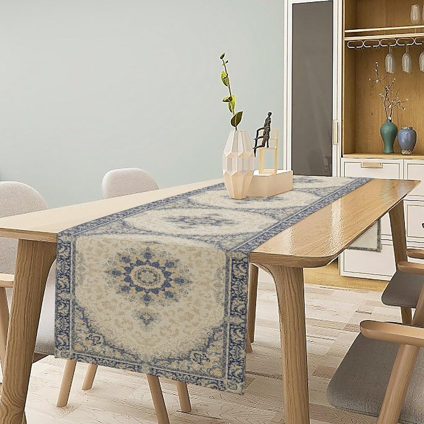 Boho Bohemia Style Table Runner, Vintage Blue Gold Retro Flower Rustic Country Style Floral Print Pattern for Home Kitchen Table Decor Dining Coffee Room Garden Party Decor 13x60in