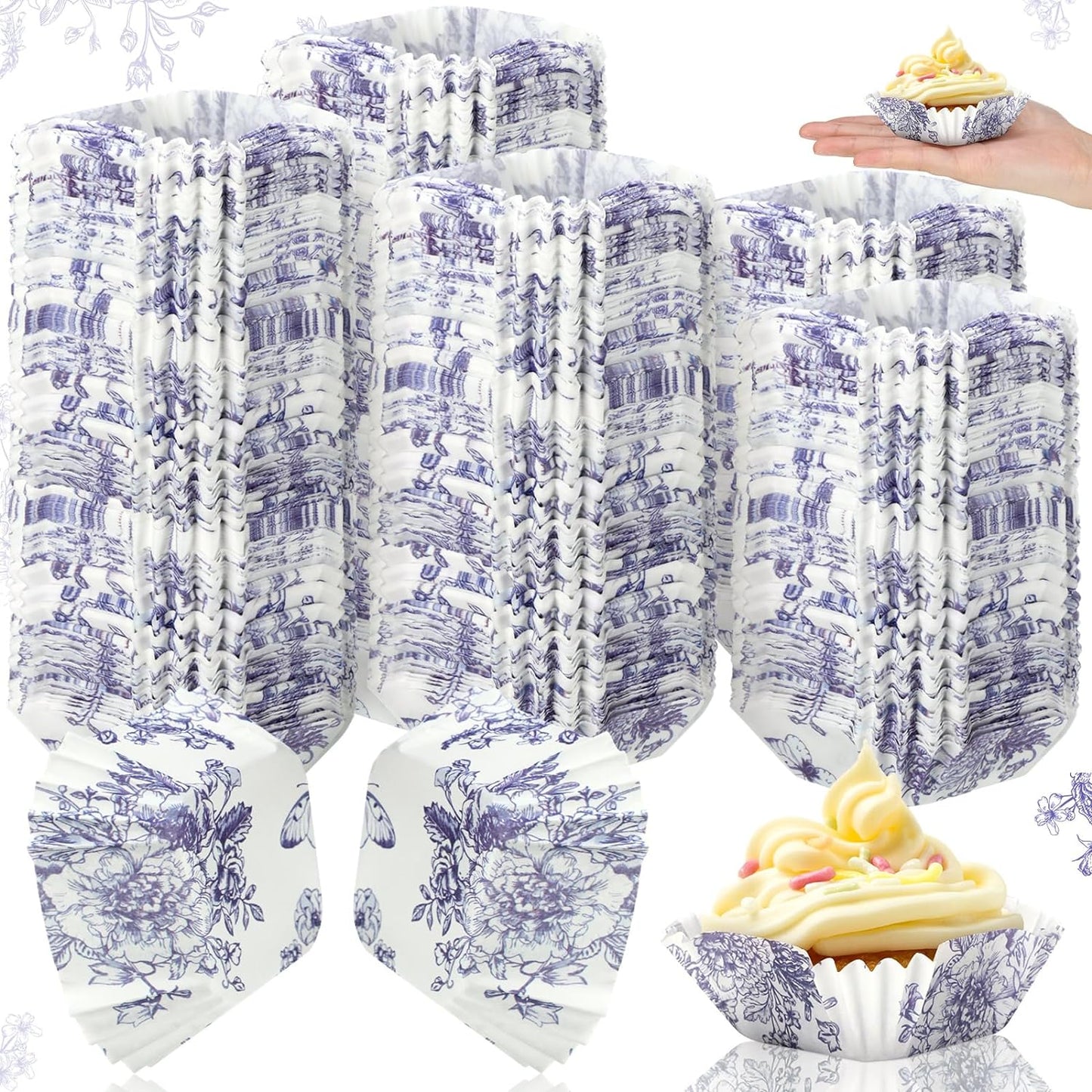 Tanlade 350 Pcs Square Mini Cupcake Liners Disposable Brownie Baking Pan Liners 1.77 Inch Paper Baking Cup for Cup and Cupcakes Party Supplies for Weddings Birthdays Bridal Showers(Blue Flower)