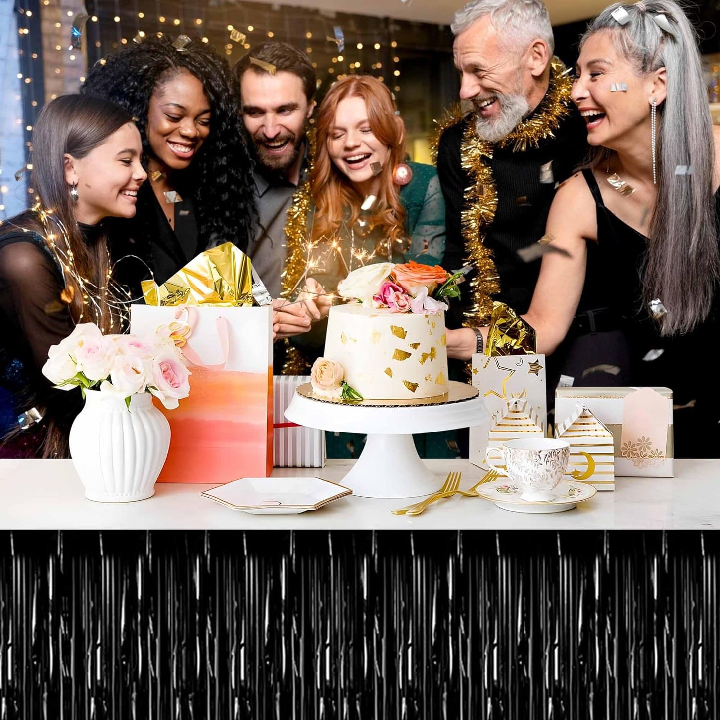 3 Pack 29 x108 Inch Black Foil Fringe Table Skirts Metallic Banner for Tinsel Streamer Garland Backdrop for Parade Floats Mother's Day, Graduate, Birthday, Wedding Party Decoration