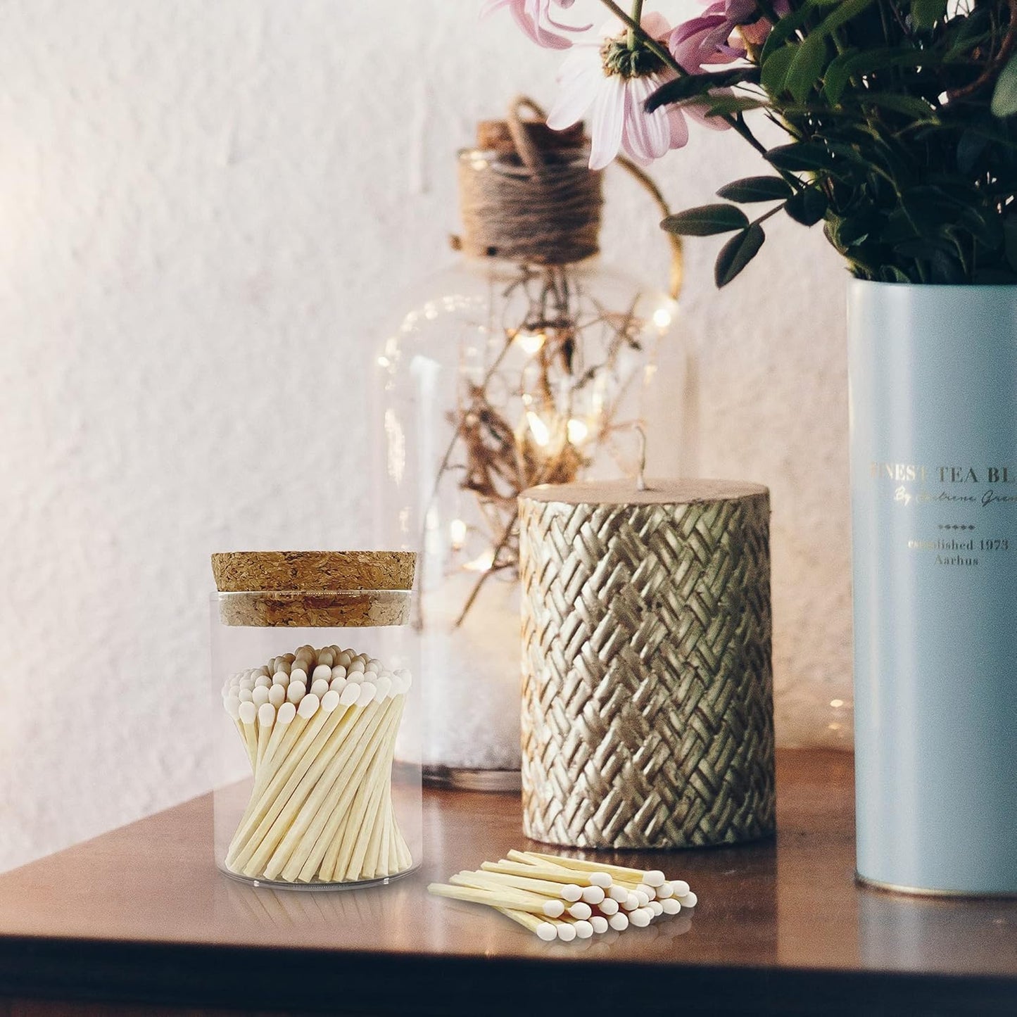 2" White Matches in a Jar + Striker Stickers Included | 100 Classy White Tip Decorative Safety Matches with a Cork Top Glass Holder | Gifts, Home Decor, & Candle Accessories by Thankful Greetings