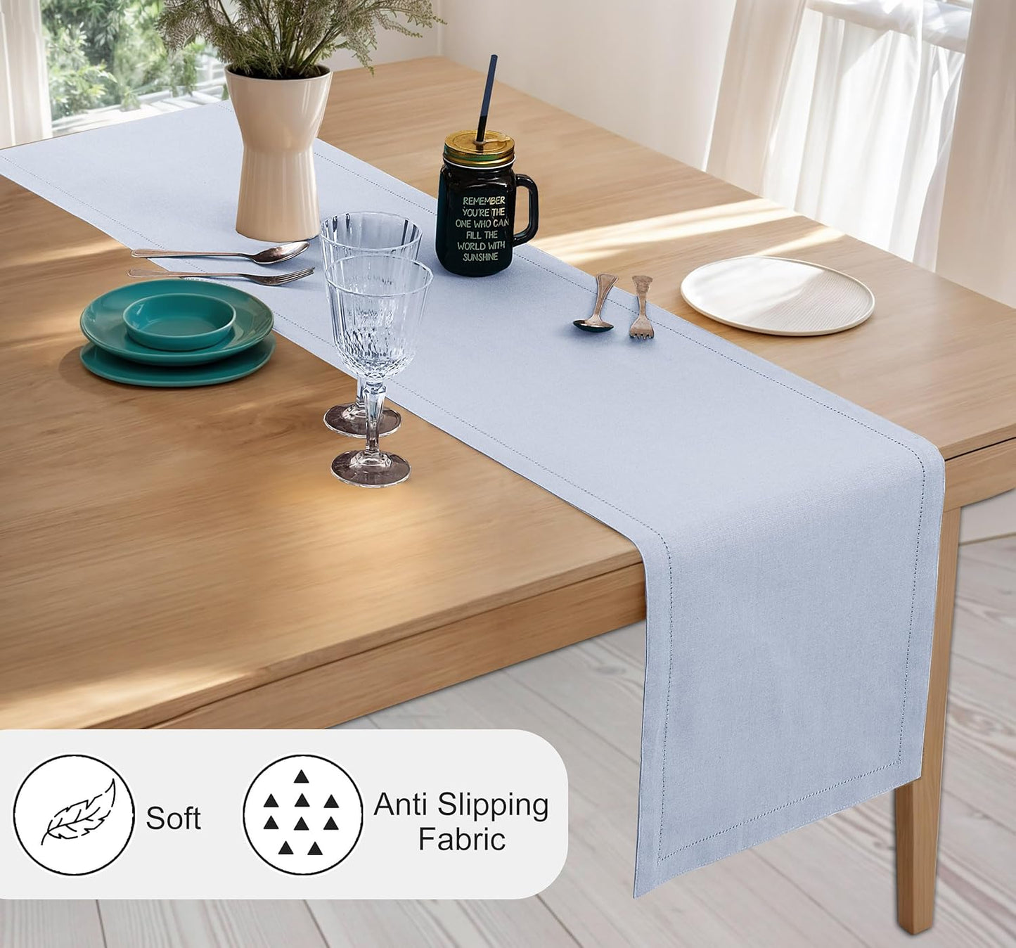 Ruvanti Linen Table Runner 120 Inches, Classic Hemstitch, Washable, Reusable, Non-Slipping, Stain Resistant- Perfect for Parties, Weddings, Dinners, Thanksgiving, Christmas, Indoor use – Arctic Ice