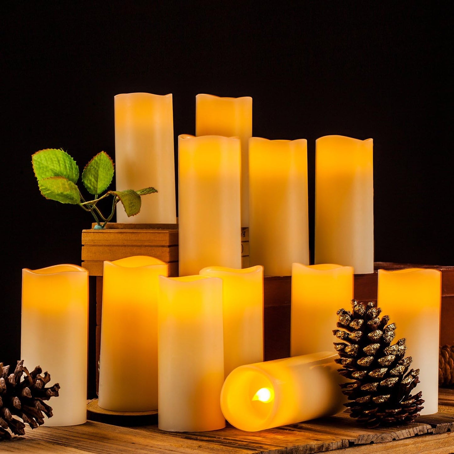 Flameless Candles Flickering LED Candles Set of 12 (D:2.2" X H:5") Ivory Real Wax Pillar Battery Opeated Candles with 10-Key Remote and Cycling 24 Hours Timer