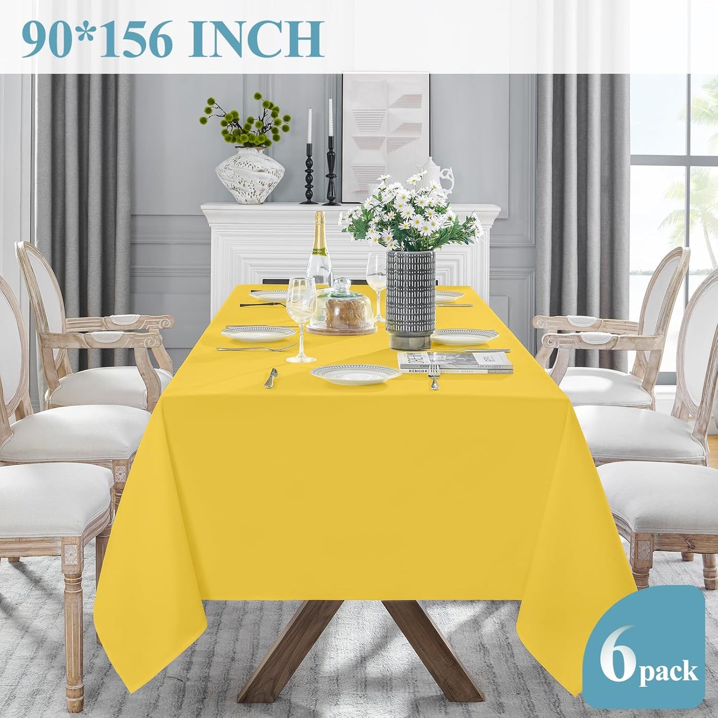 VidaFete Tablecloth 6 Pack 90 * 156inch Rectangle Table Cloth Polyester, Stain Wrinkle Resistant Polyester Dining Table Cover for Kitchen Dinning Party Wedding Rectangular Buffet Decoration(Yellow)