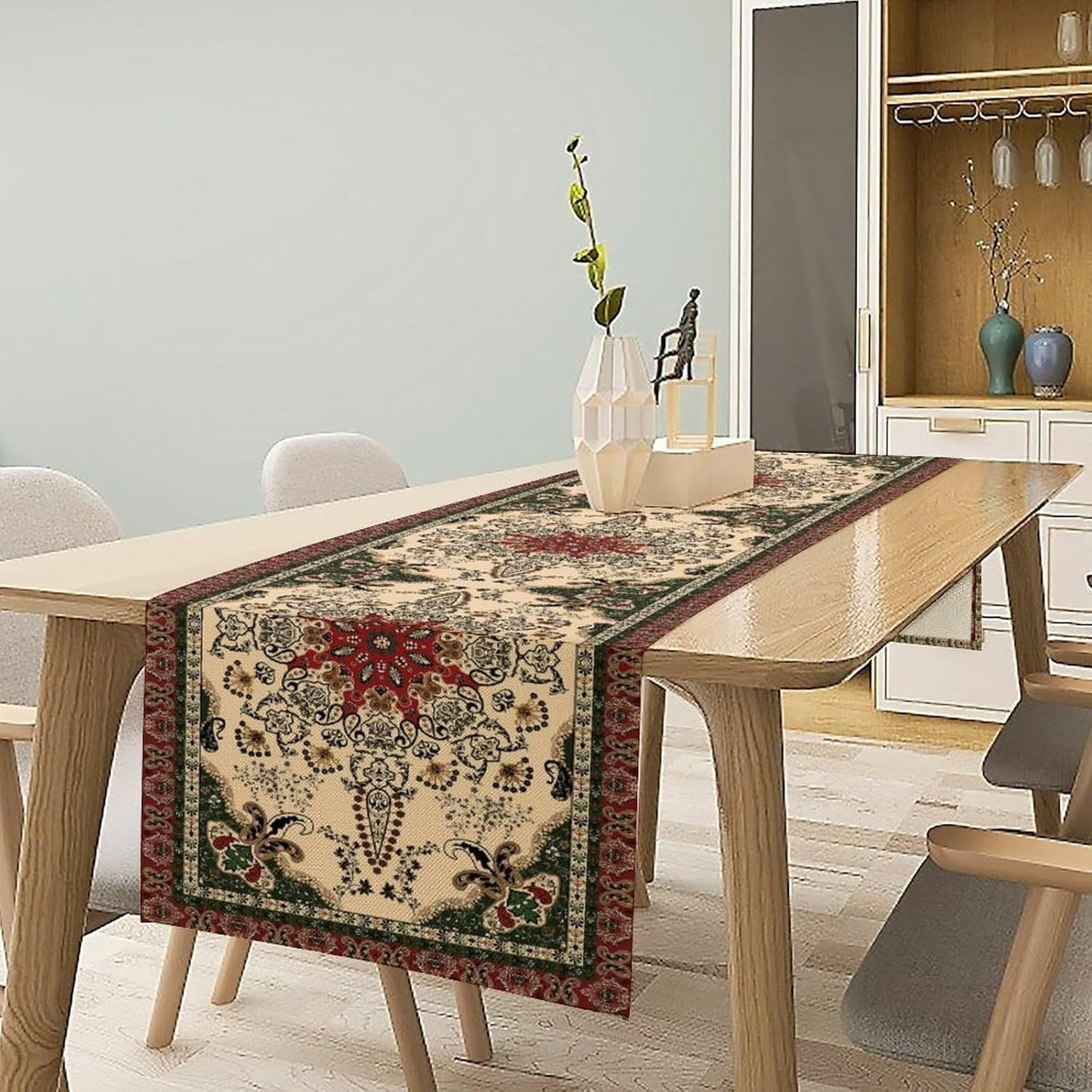 Vintage Paisley Bohemian Table Runner Beige Red Rustic Farmhouse Home Kitchen Table Dining Coffee Room Garden Party Wedding Decor 13x90in