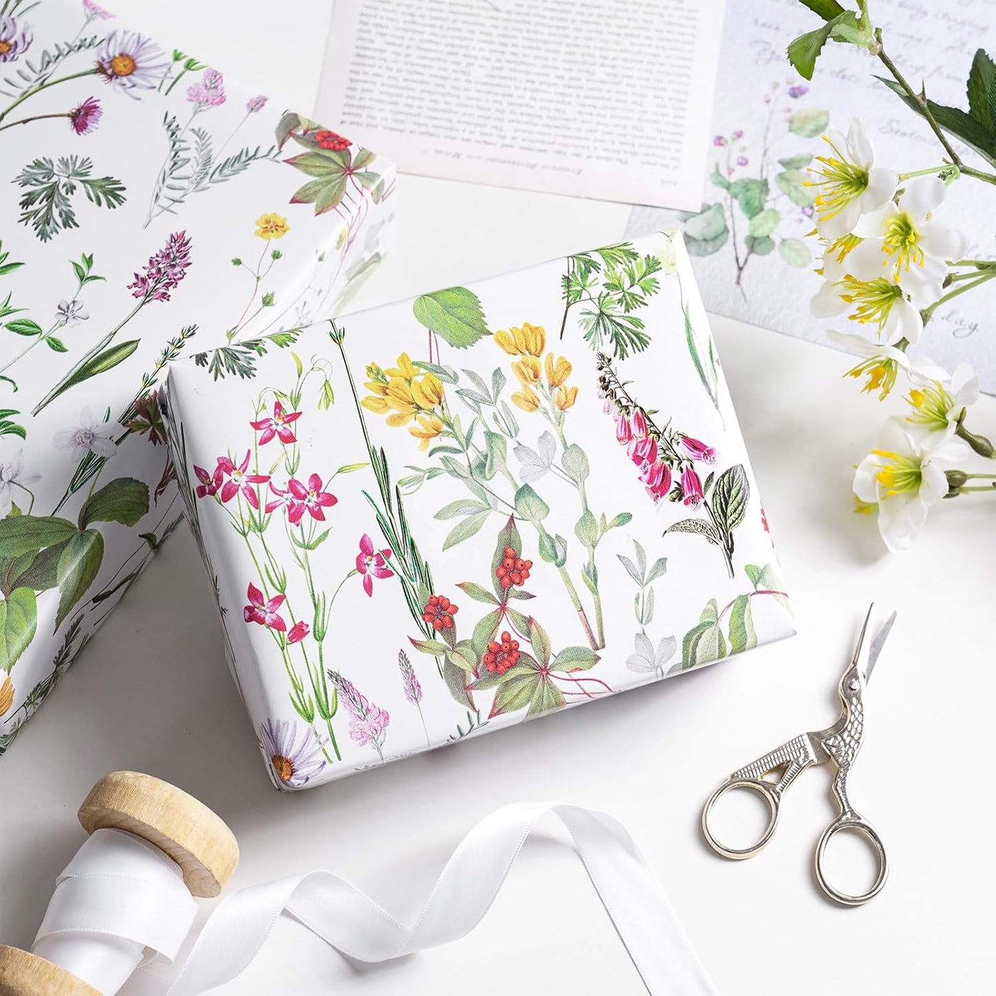 RUSPEPA 30" X 32.8' Wild Flower Wrapping Large Paper Roll for Women Girls, Jumbo Roll, Elegant Floral Design Gift Wrap Perfect for Birthday, Bridal Shower, Spring, Wedding, Mother's Day, 82 sq. ft.