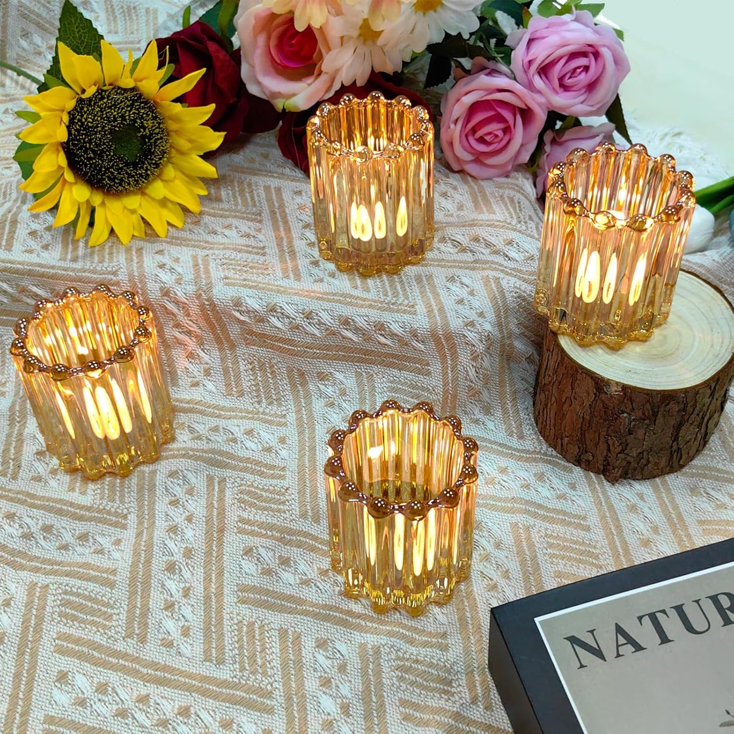 GOLDEAL 12Pcs Gold Glass Votive Candle Holders Tealight Holders Decorative, Tea Candle Holders Bulk,Candlestick for Wedding, Party,Dinner, Home Table Decor.