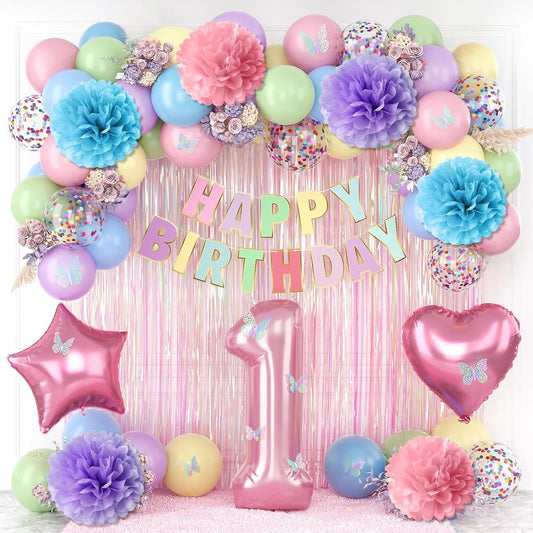 Pastel 1st Birthday Party Decorations for Girls Number 1 Balloon Happy Birthday Banner Butterfly Stickers Fringe Curtain Paper Pom Poms Macaron Pink Star Foil Colorful Balloons Baby 1 Year Old Decor