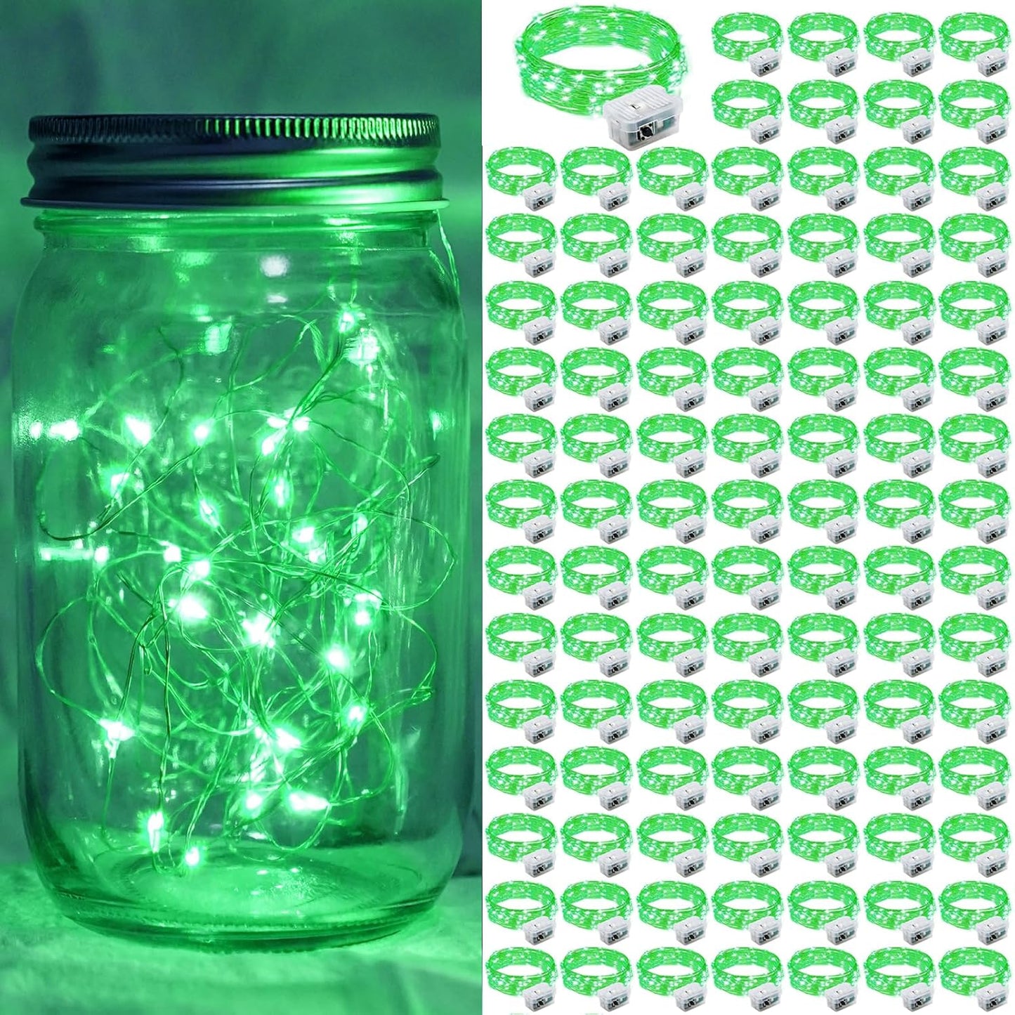 Green Fairy Lights 100 Pack 7Ft 20 LED Twinkle String Lights 3 Modes Battery Operated Waterproof Firefly Starry for Mason Jar Party Wedding Christmas Valentines Day Table Centerpieces