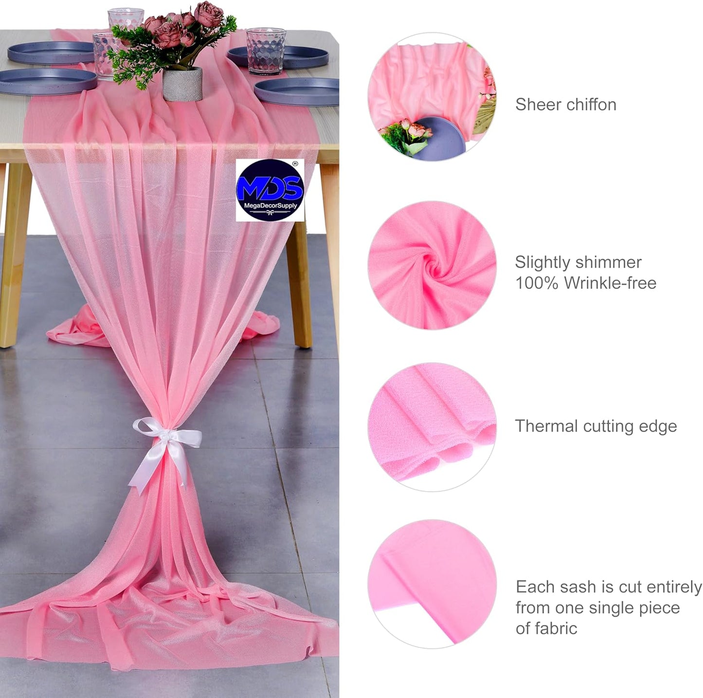 MDS 2 Pack 10ft Chiffon Table Runner 29 x 120 Inches Sheer Wedding Runner Romantic Rustic Table Runner for Wedding Decorations, Birthday Parties, Bridal Shower Party Arch Decor - Coral