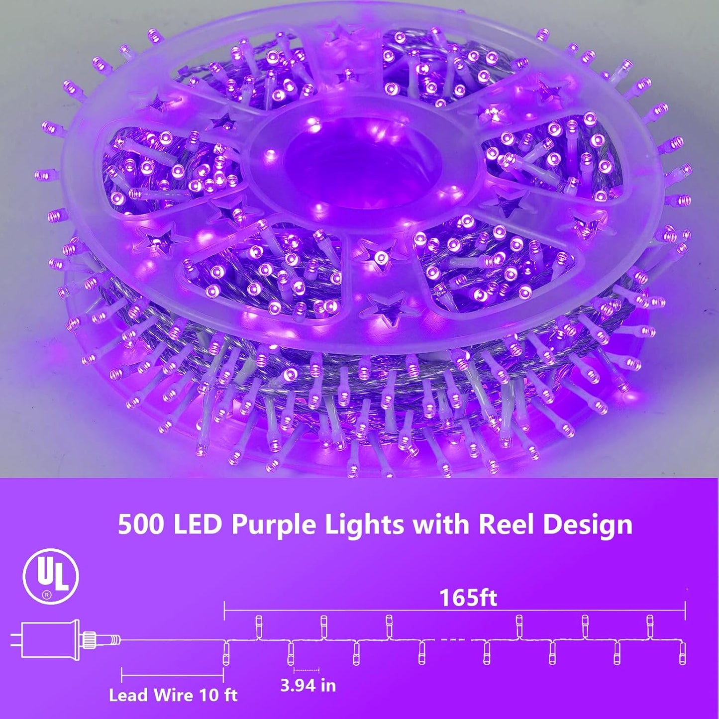 YEGUO 165ft 500 LED Halloween Lights Outdoor Waterproof, Purple String Lights Indoor Plug in, 8 Modes Clear Wire Purple Lights for Halloween Holiday Home Tree Garden Patio Decor