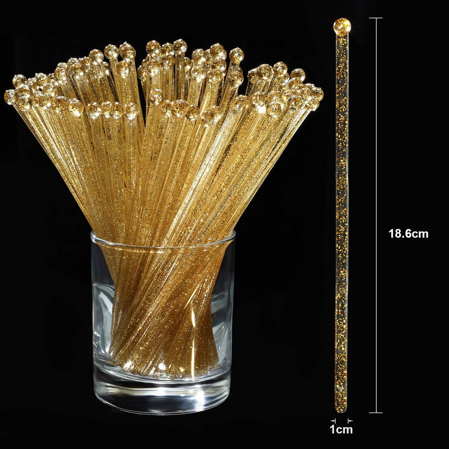Honoson 100 Pieces Disposible Plastic Round Top Crystal Swizzle Sticks (Gold)