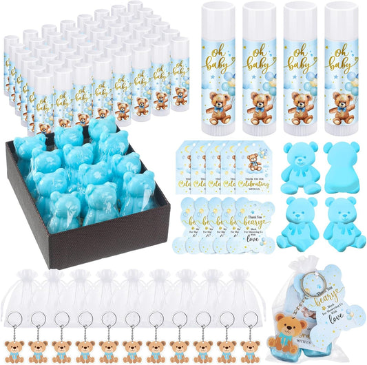 288 Baby Shower Favors Baby Shower Gifts Bulk Lip Balms Soaps Keychains Organza Bags Guest Appreciation Gift with Thank You Tags and Cards for Boys Girls Guest Gift(Blue,Bear)