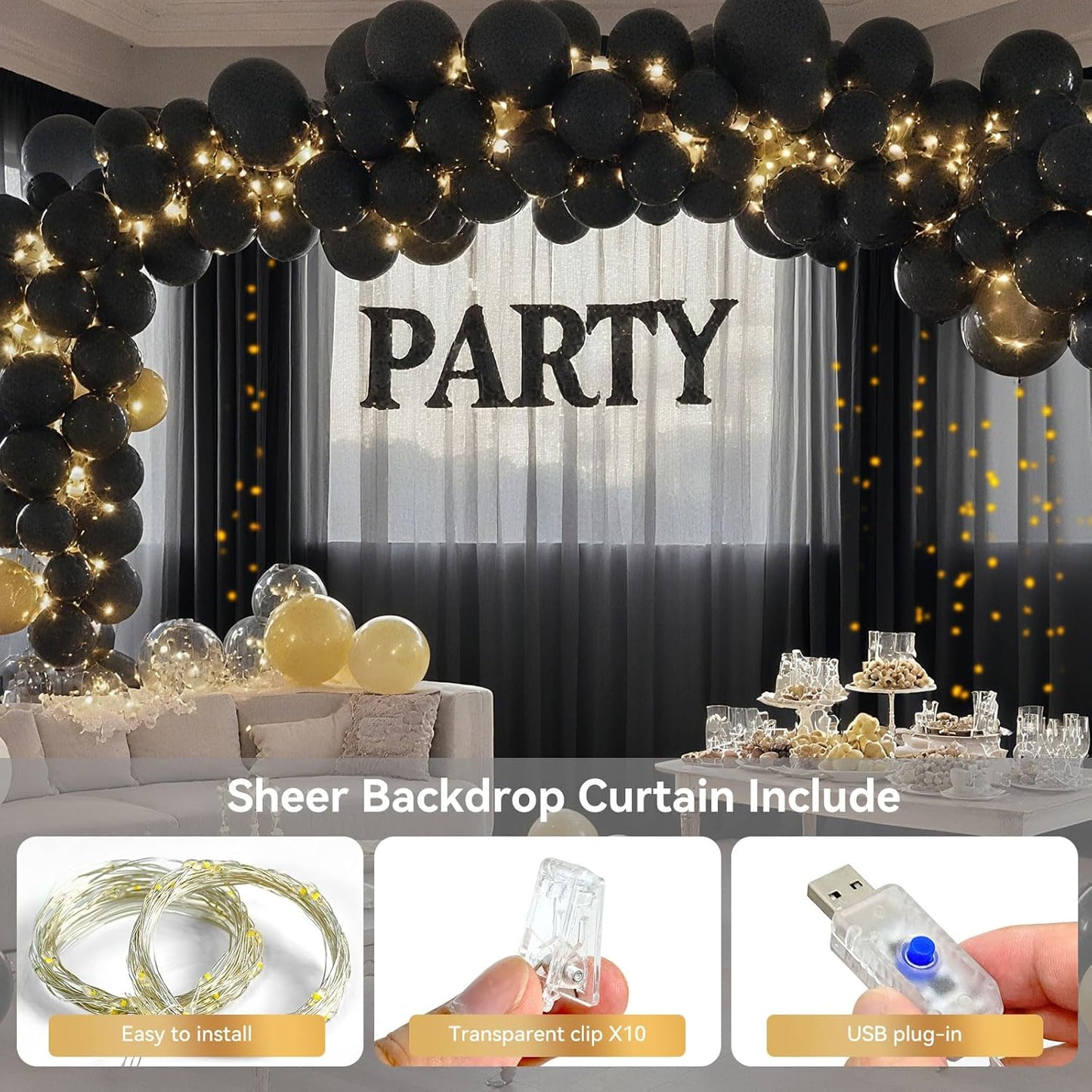 10×10ft Tulle Backdrop Curtains with Lights String - 300LED Fairy Lights Sheer Curtain Backdrop for Weddings Baby Shower and Birthday Party Decorations(8 Panels 5×10ft)