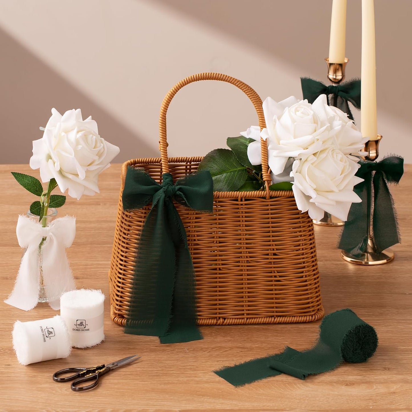 DORIS HOME Ivory Chiffon Ribbon for Flower Bouquet, 2" x21Yd Fabric Ribbon for Gift Wrapping, Handmade Frayed Ribbon for Wedding/Christmas Decorations