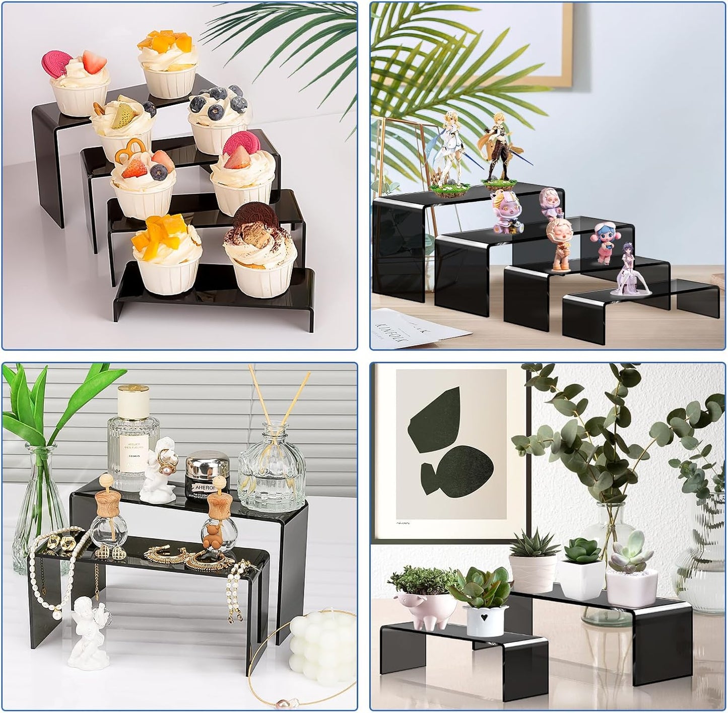 Aheroi Acrylic Risers, 8 Pcs 2 Set(7”L~8”L~9”L) Display Risers, Black Arylic Display Stands Acrylic Shelf Riser, Display Holders for Vendor Events, Cupcake Stands, Toys Display Clear Shelves