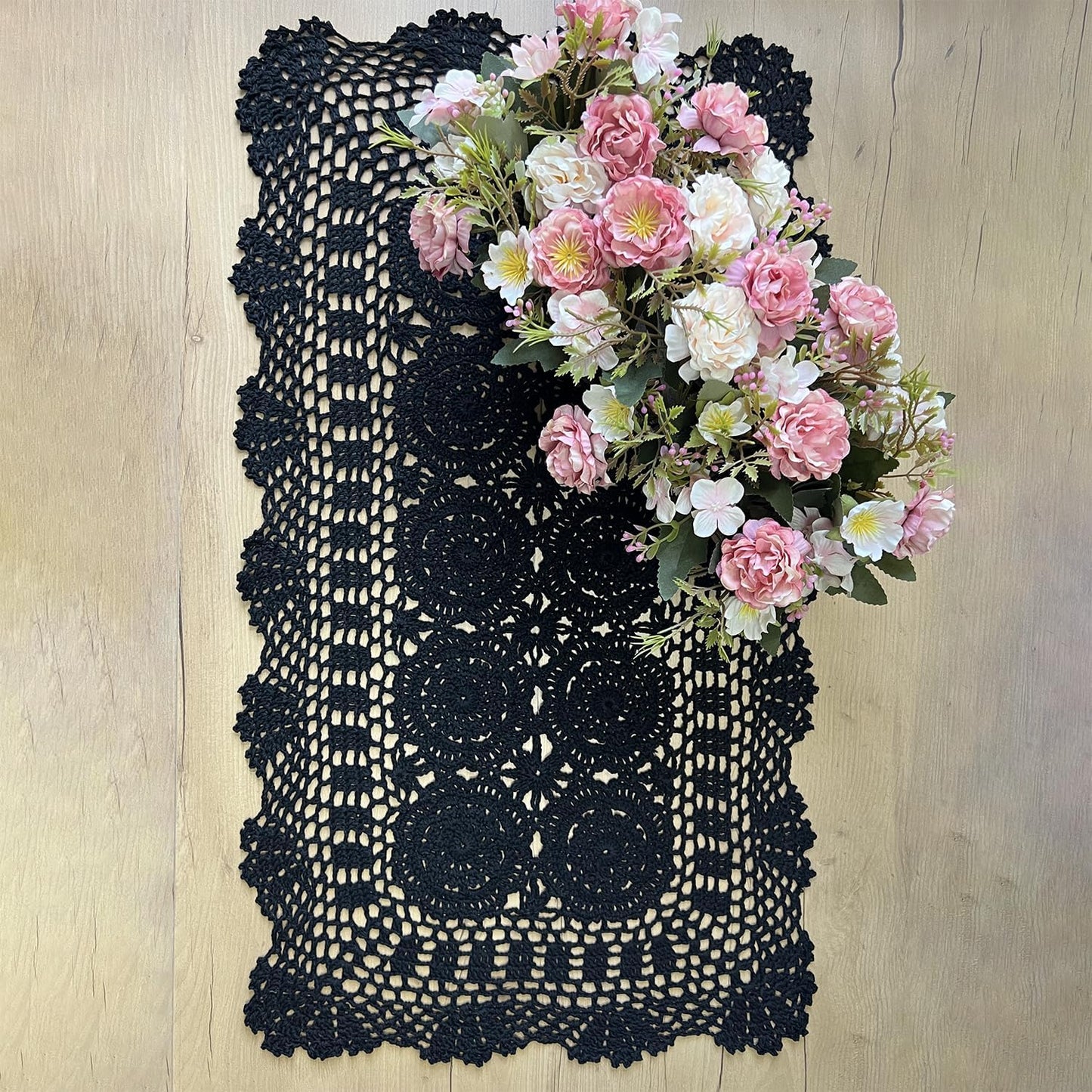 Phantomon Lace Table Runner Rectangular Table Cover Cloth Handmade Crochet Floral Placemats 100% Cotton (Floral Black, 15x28Inch)