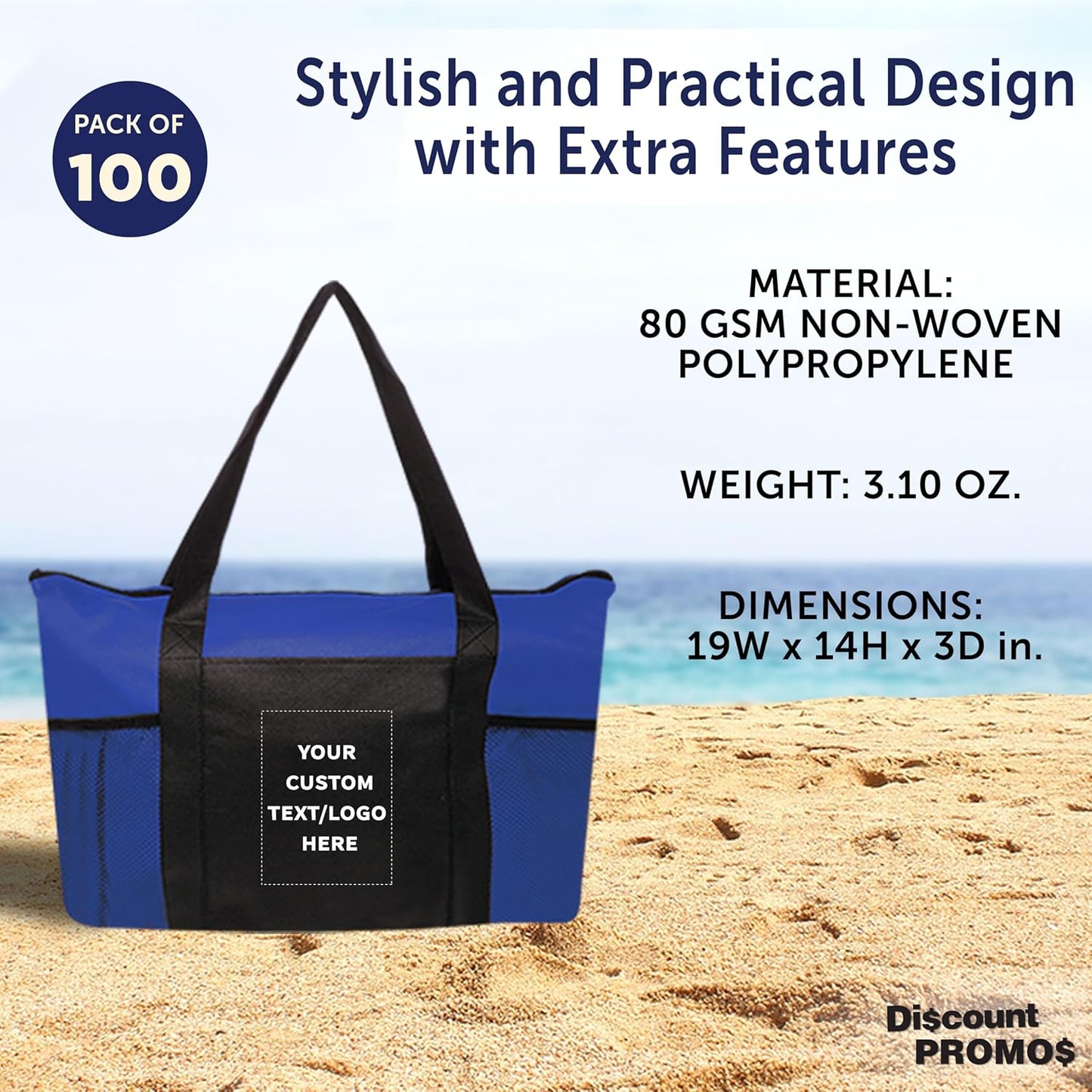 DISCOUNT PROMOS 100 Zippered Non-Woven Tote Bags Set - Customizable Text, Logo - Mesh Pocket, Zippered, Recyclable, Reusable - Blue - 19"X14"X3", with Zipper