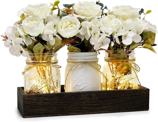 Mason Jar Lights Centerpiece for Table, Mason Jar Centerpiece Table Decor for Dining Room Farmhouse Coffee Table Decor with Wood Tray Fairy Lights Fake Peony Flowers for Kitchen Living - Ivory